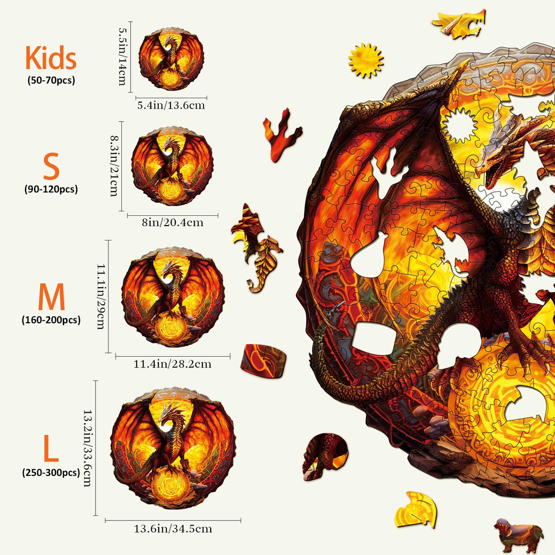 Holzpuzzle „Feuriger Drache“.