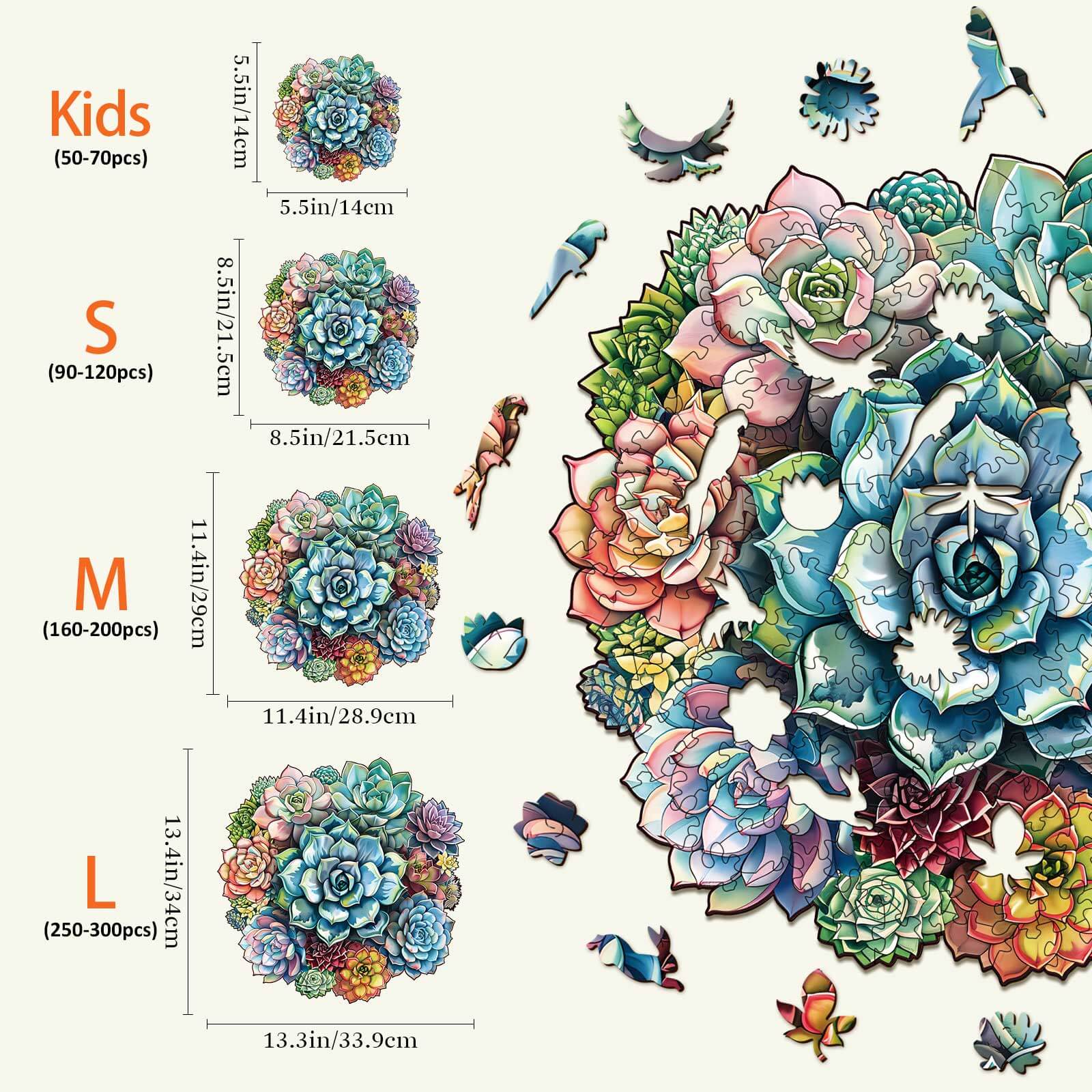 Elegant Succulent Wooden Jigsaw Puzzle sizes and piece counts for Kids, S, M, and L options.