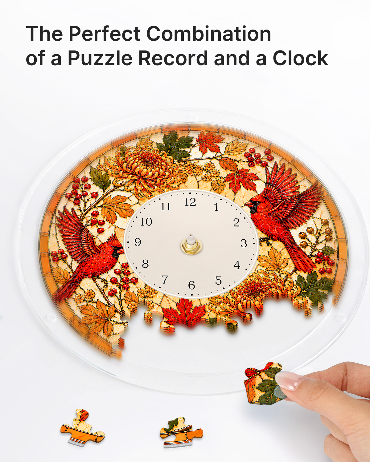 DIY Acrylpuzzle-Uhr Bausatz - Herbst Kardinäle Laub