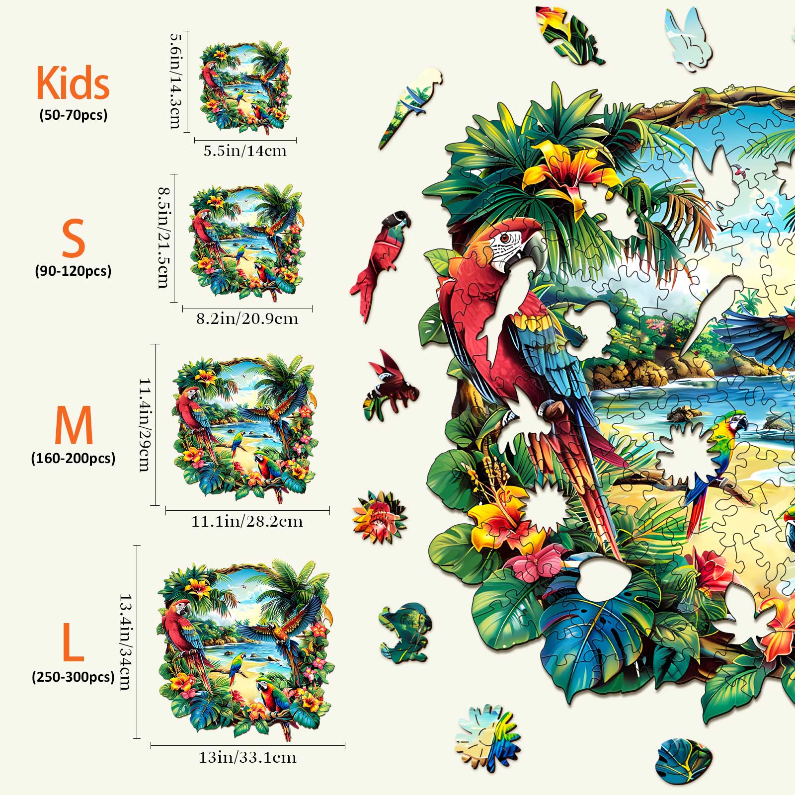 Tropical Parrot Wooden Jigsaw Puzzle sizes for kids and adults with colorful tropical design.
