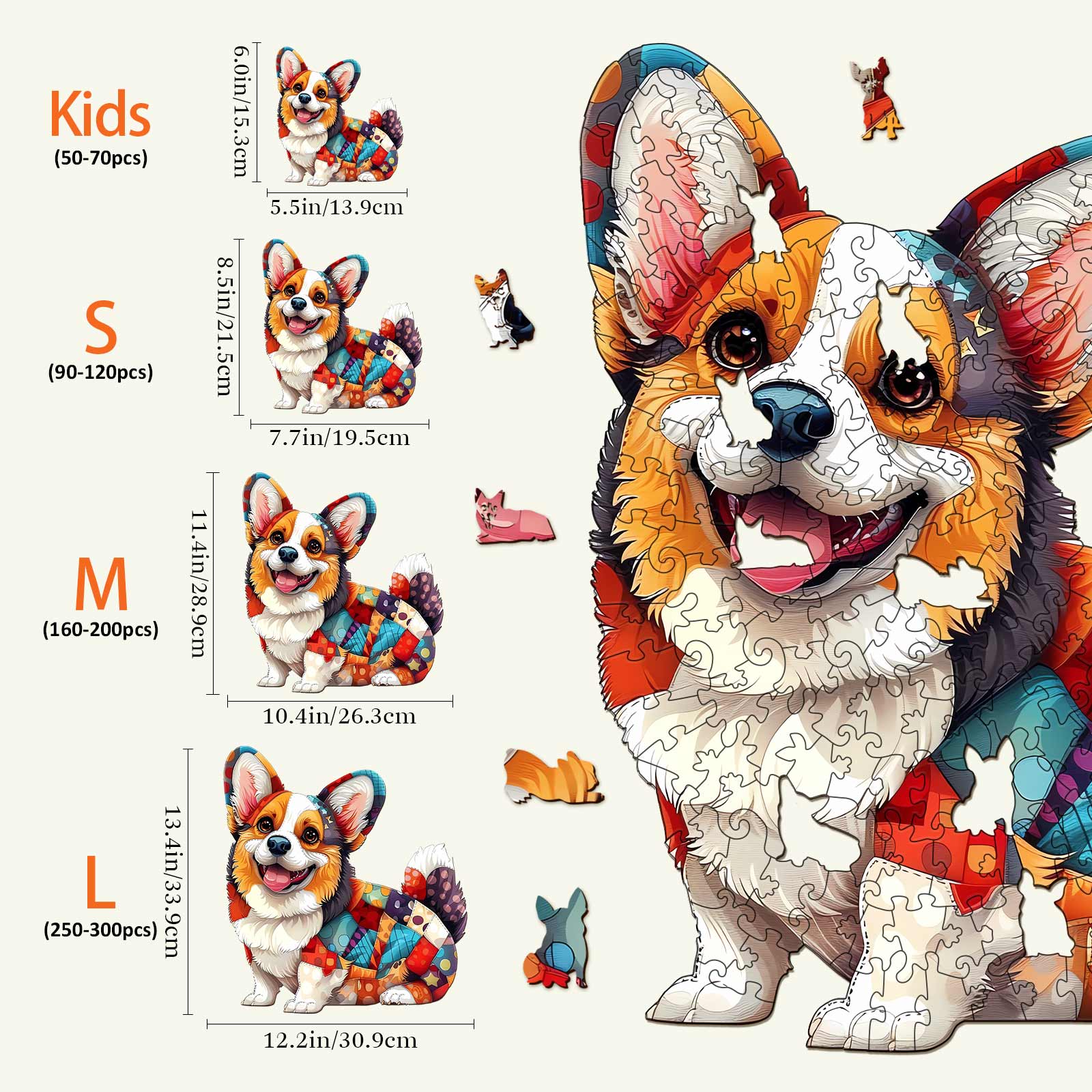 Colorful Patchwork Corgi Wooden Jigsaw Puzzle sizes guide for kids and adults, enhancing focus and fun in mind games.