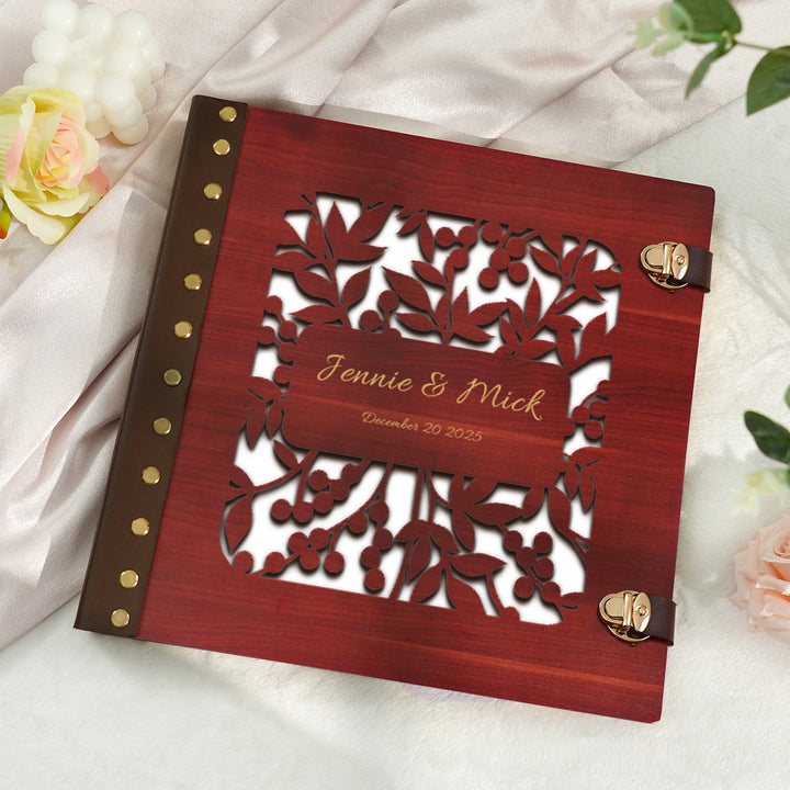Wooden Photo Album with Carved Flowers and Engraved Names