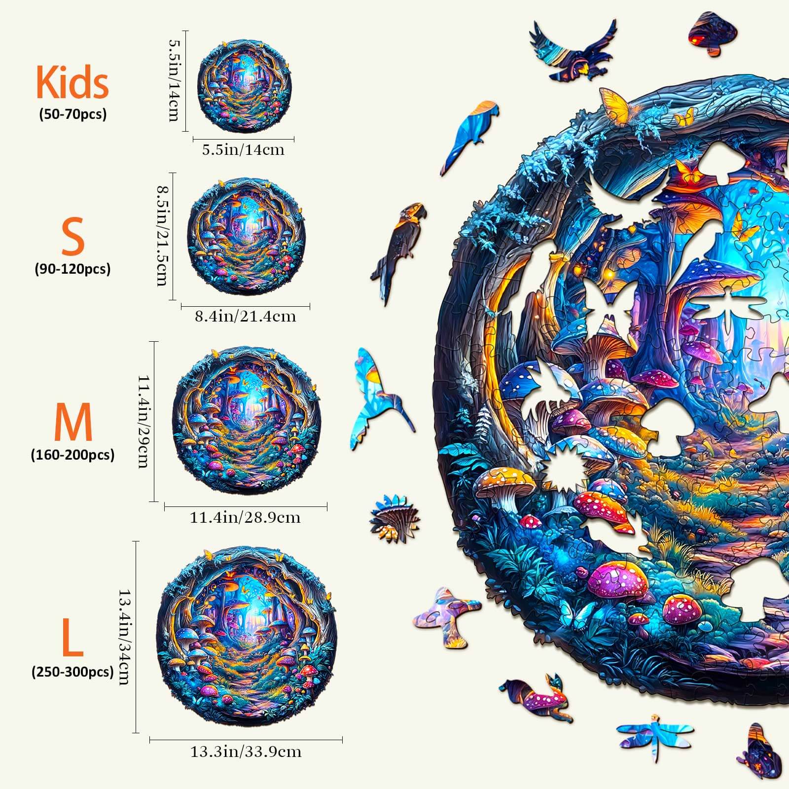 3D Magic Mushroom wooden jigsaw puzzle sizes and dimensions for kids and adults, colorful fantasy design.