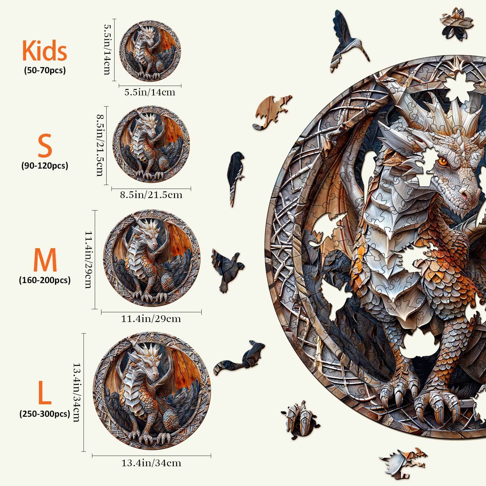 3D Cave Dragon Wooden Jigsaw Puzzle sizes for kids and adults, showcasing pieces and dimensions for engaging mind games.