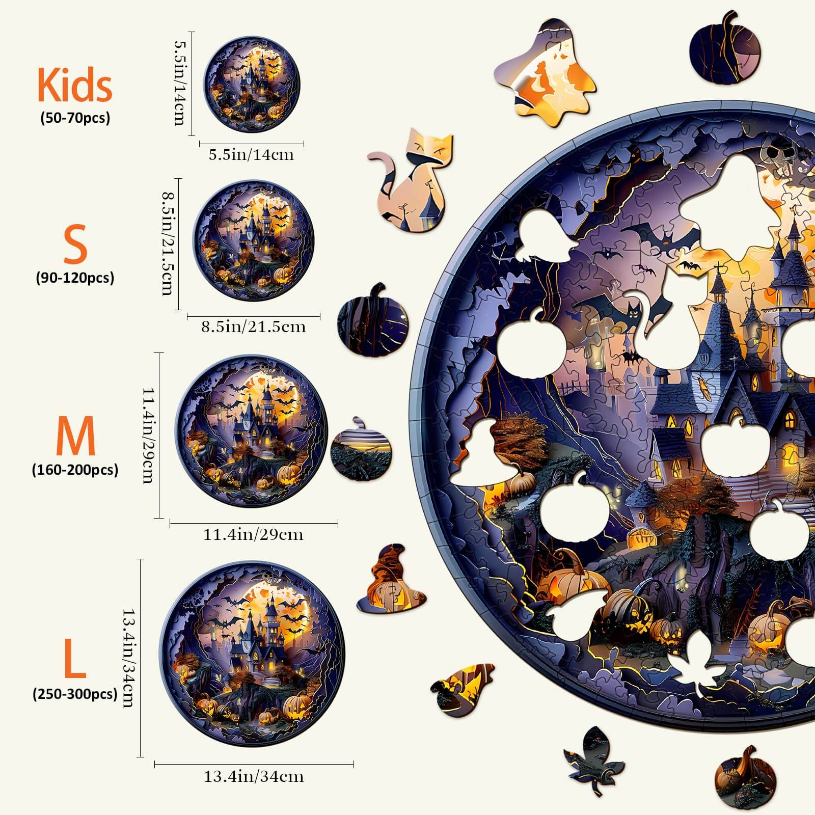 3D Halloween Castle wooden jigsaw puzzle image showing different sizes for kids and adults, perfect for mind games and family fun.