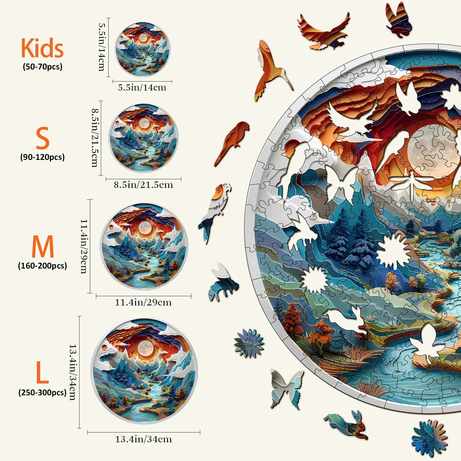 3D vision inside the cave-3 wooden jigsaw puzzle sizes comparison for kids and adults, showcasing various piece counts.