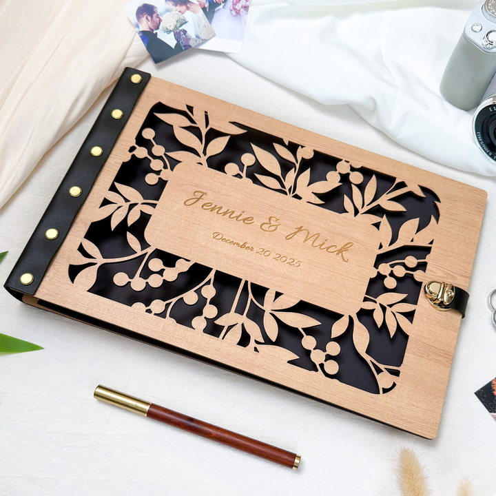Wooden Photo Album with Carved Flowers and Engraved Names