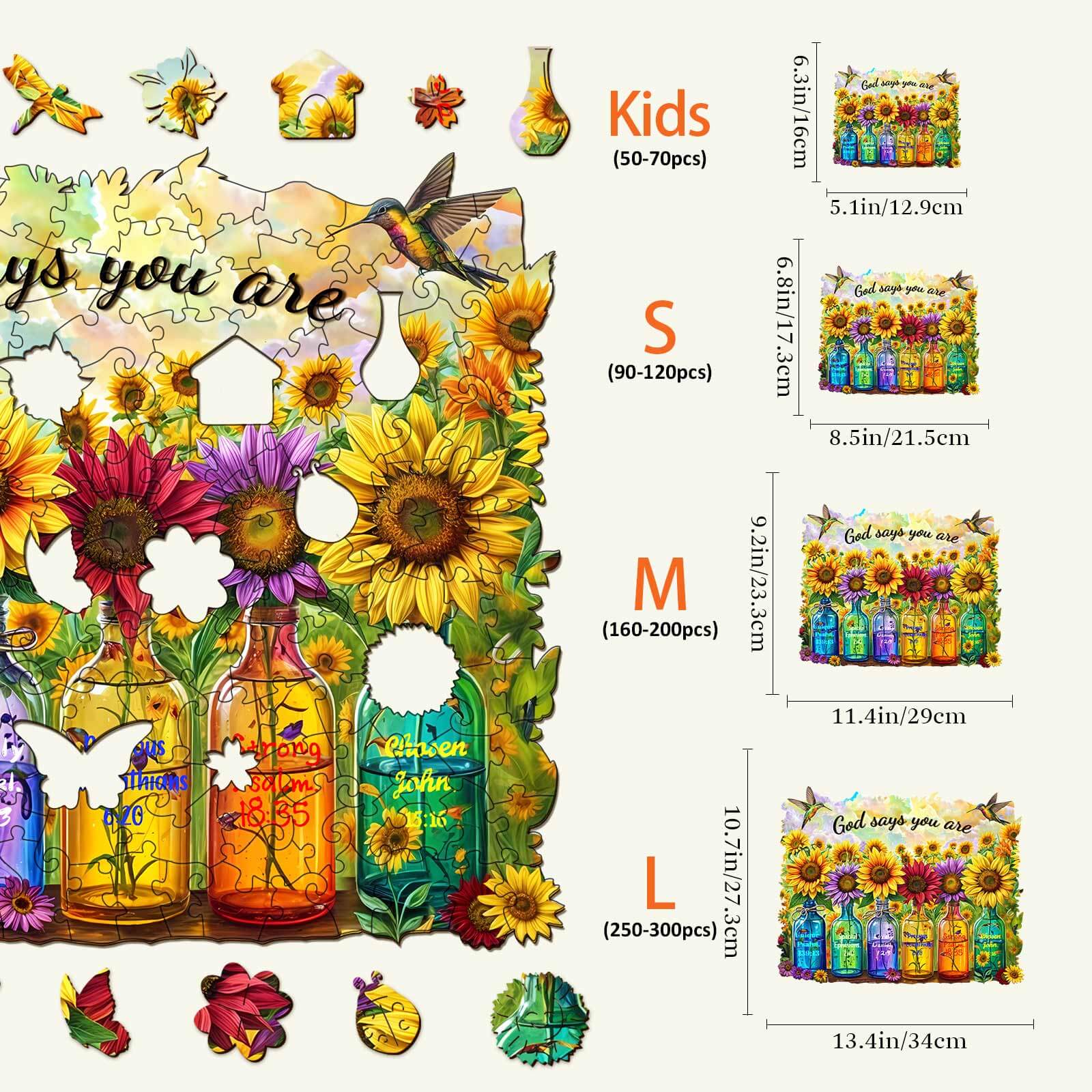Colorful God Says You Are wooden jigsaw puzzle featuring sunflowers, vases, and different size options for ages.