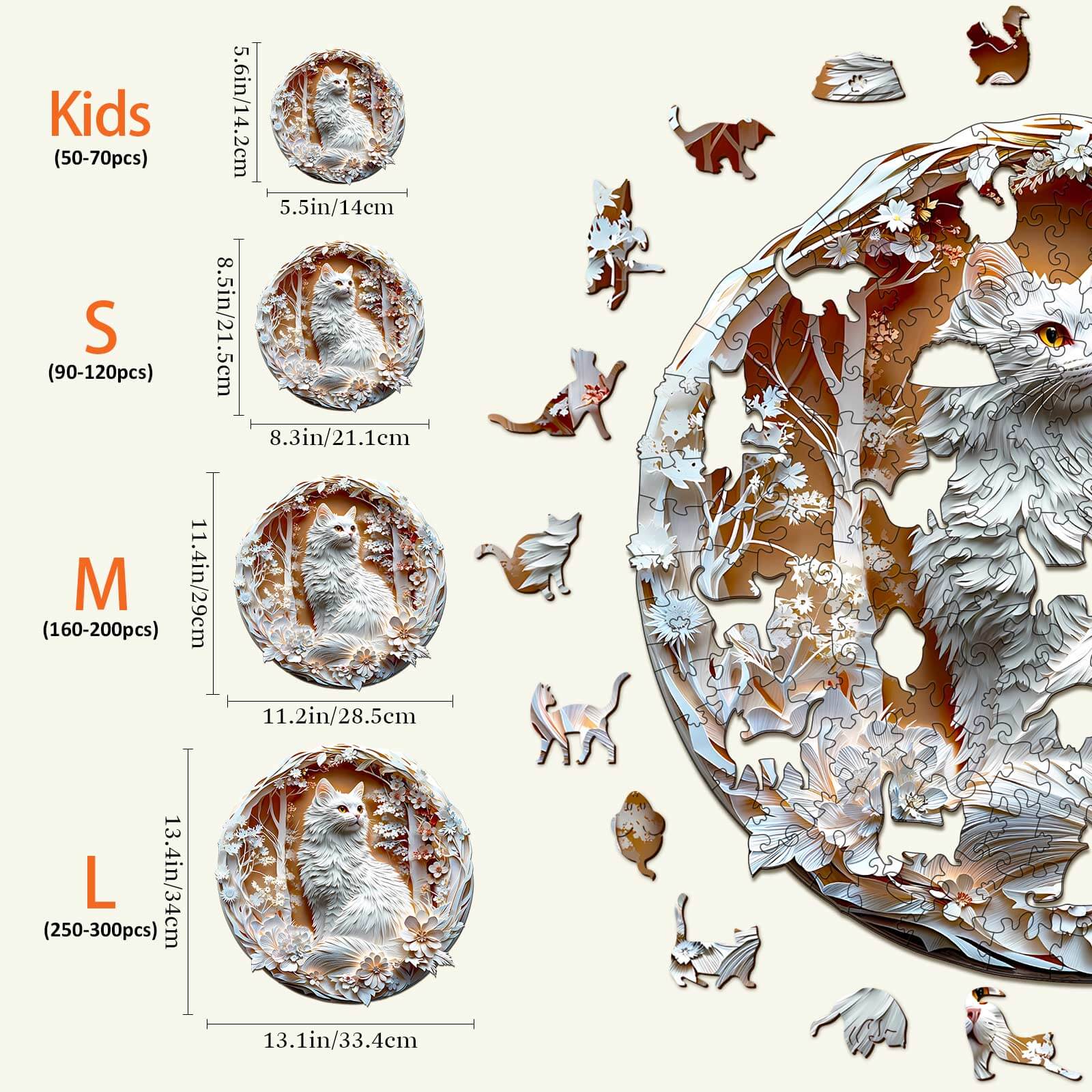 Dimensions of the 3D Cat-3 Wooden Jigsaw Puzzle in small, medium, and large sizes for kids and adults.