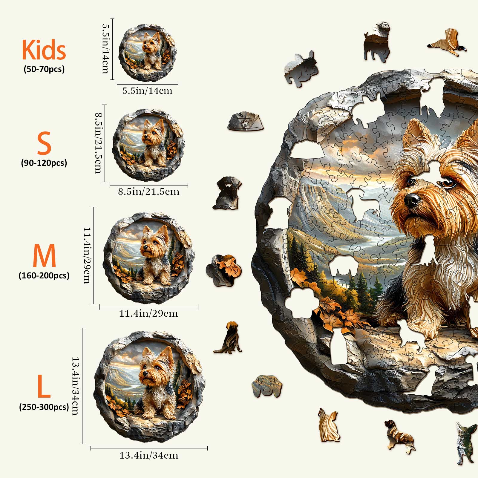3D Yorkshire Wooden Jigsaw Puzzle sizes for kids and adults with various piece counts and vibrant artwork.