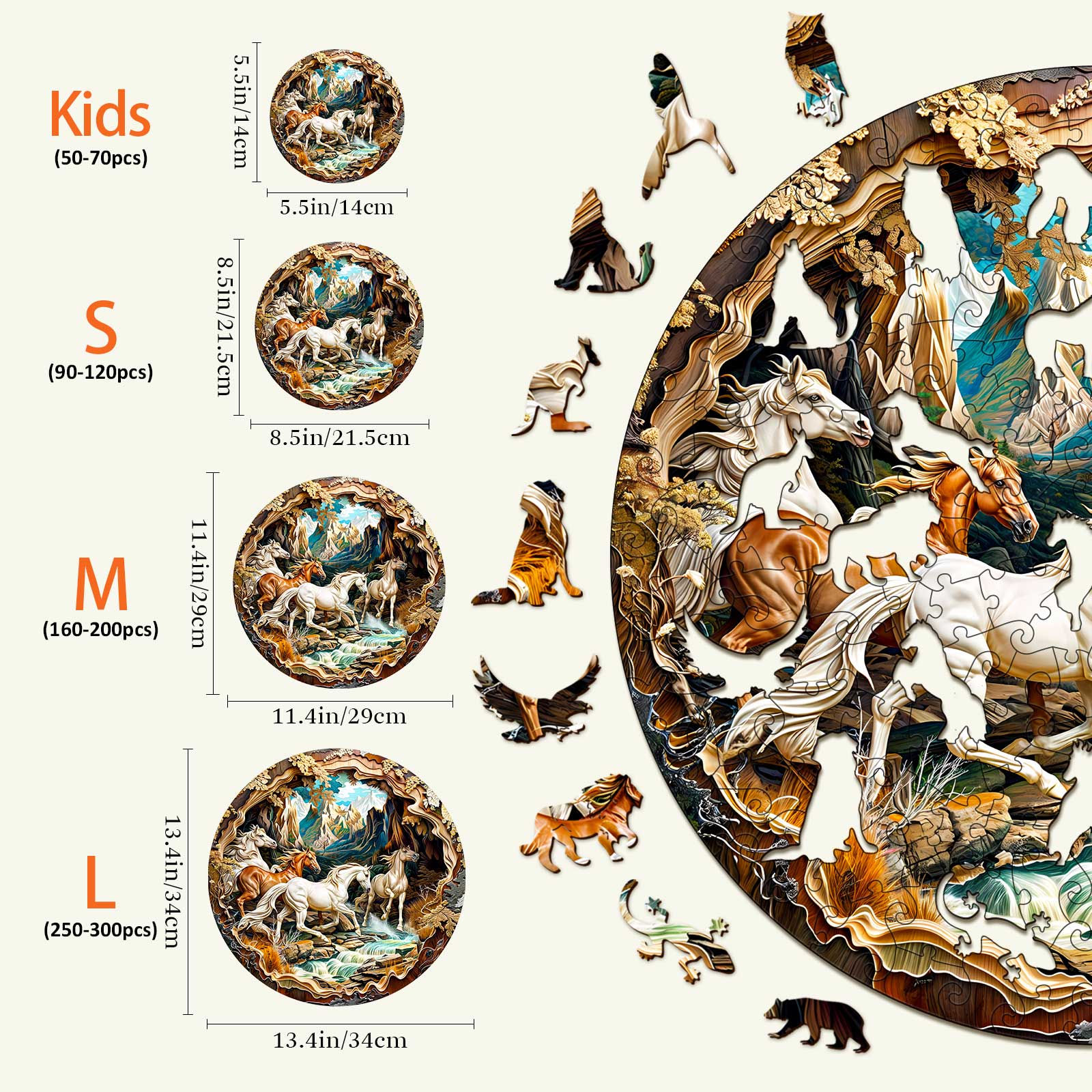 3D Horse Wooden Jigsaw Puzzle sizes chart for kids and adults, showcasing piece counts and dimensions in centimeters.
