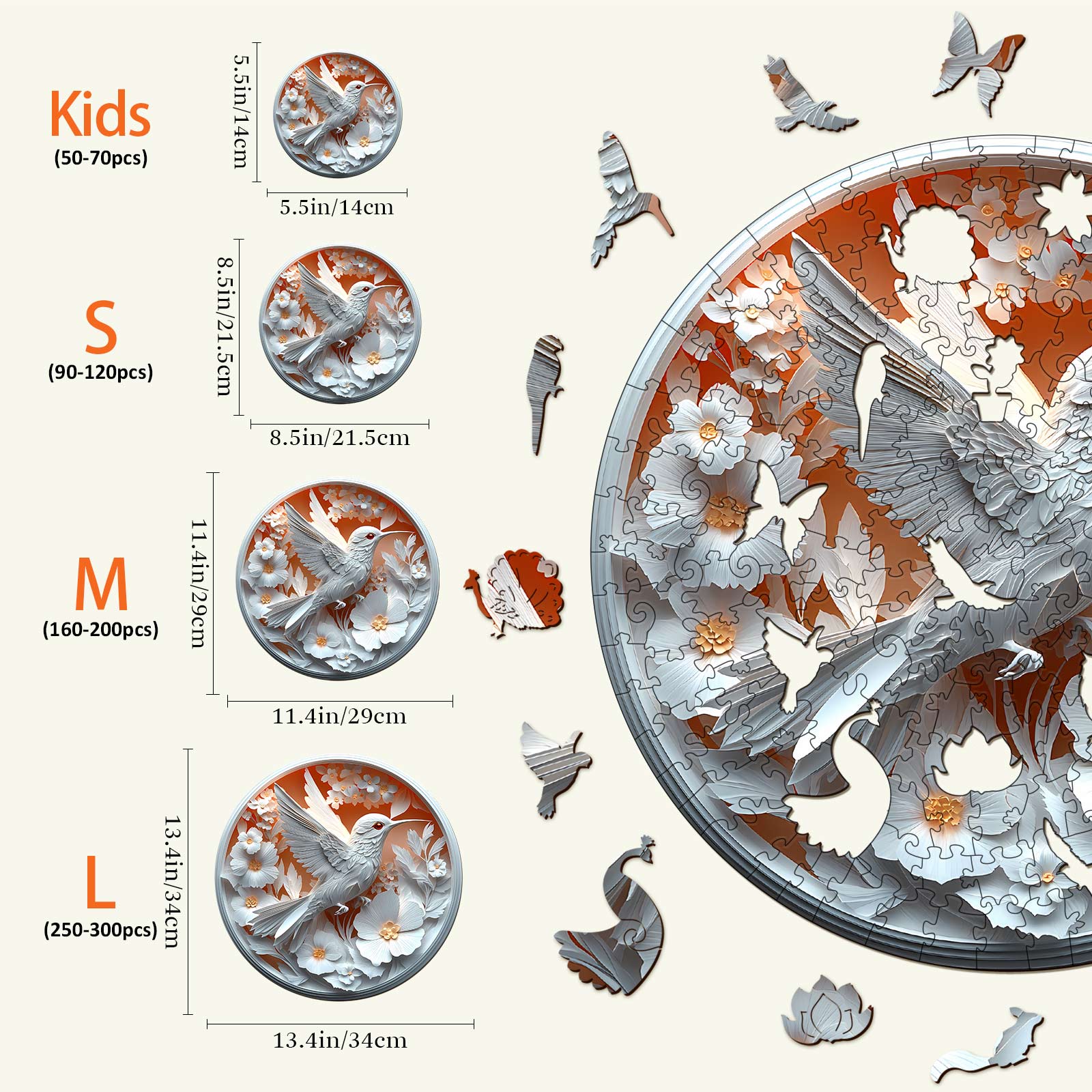 3D Paper Hummingbird Wooden Jigsaw Puzzle sizes S, M, L for kids and adults with colorful bird and flower designs.