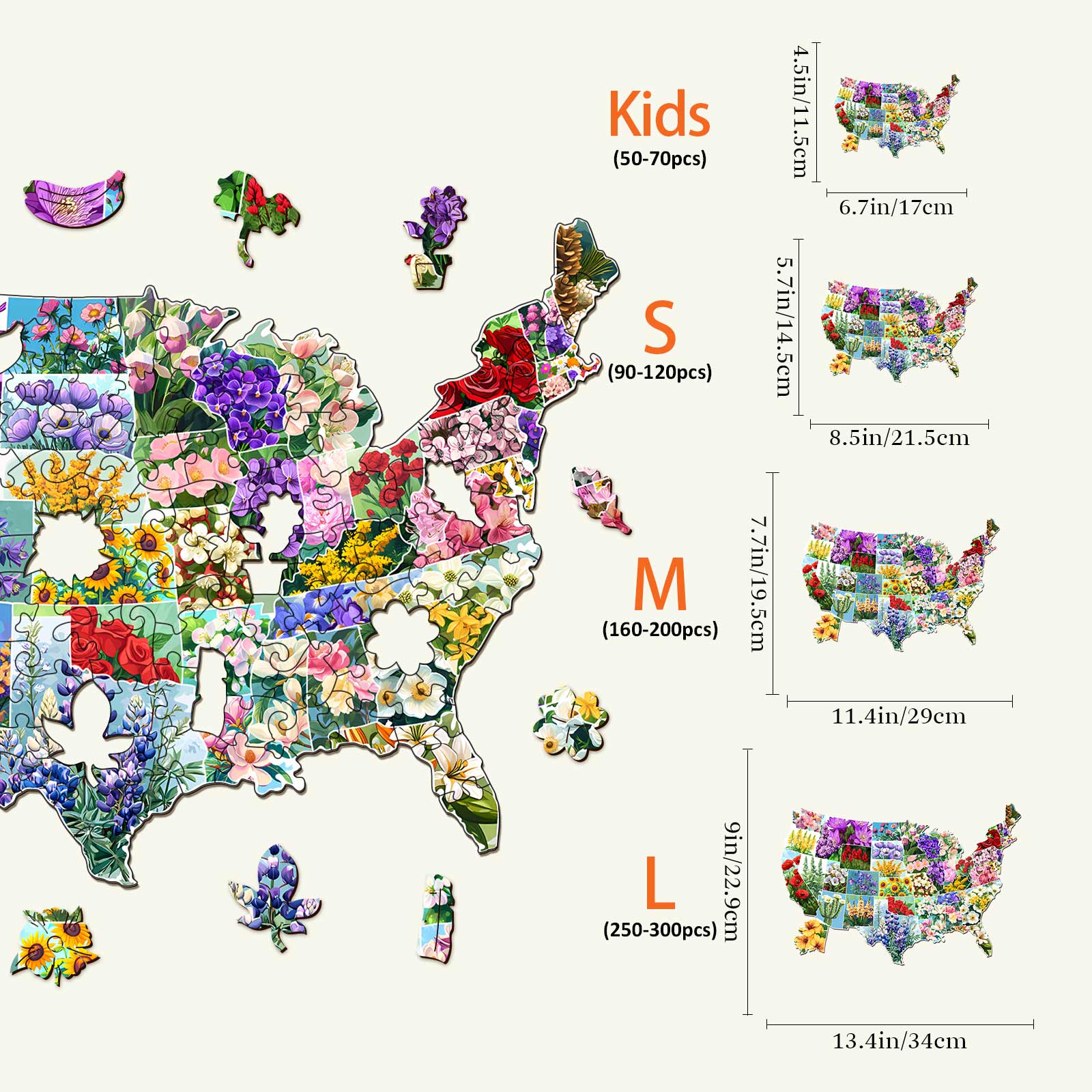USA State Flowers Wooden Jigsaw Puzzle sizes: Kids, S, M, and L dimensions with colorful floral designs.