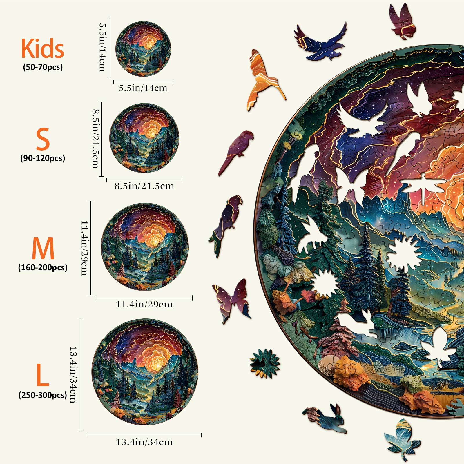 3D cave sky wooden jigsaw puzzle sizes S, M, L with vibrant forest and birds illustration, ideal for enhancing focus and cognitive skills.