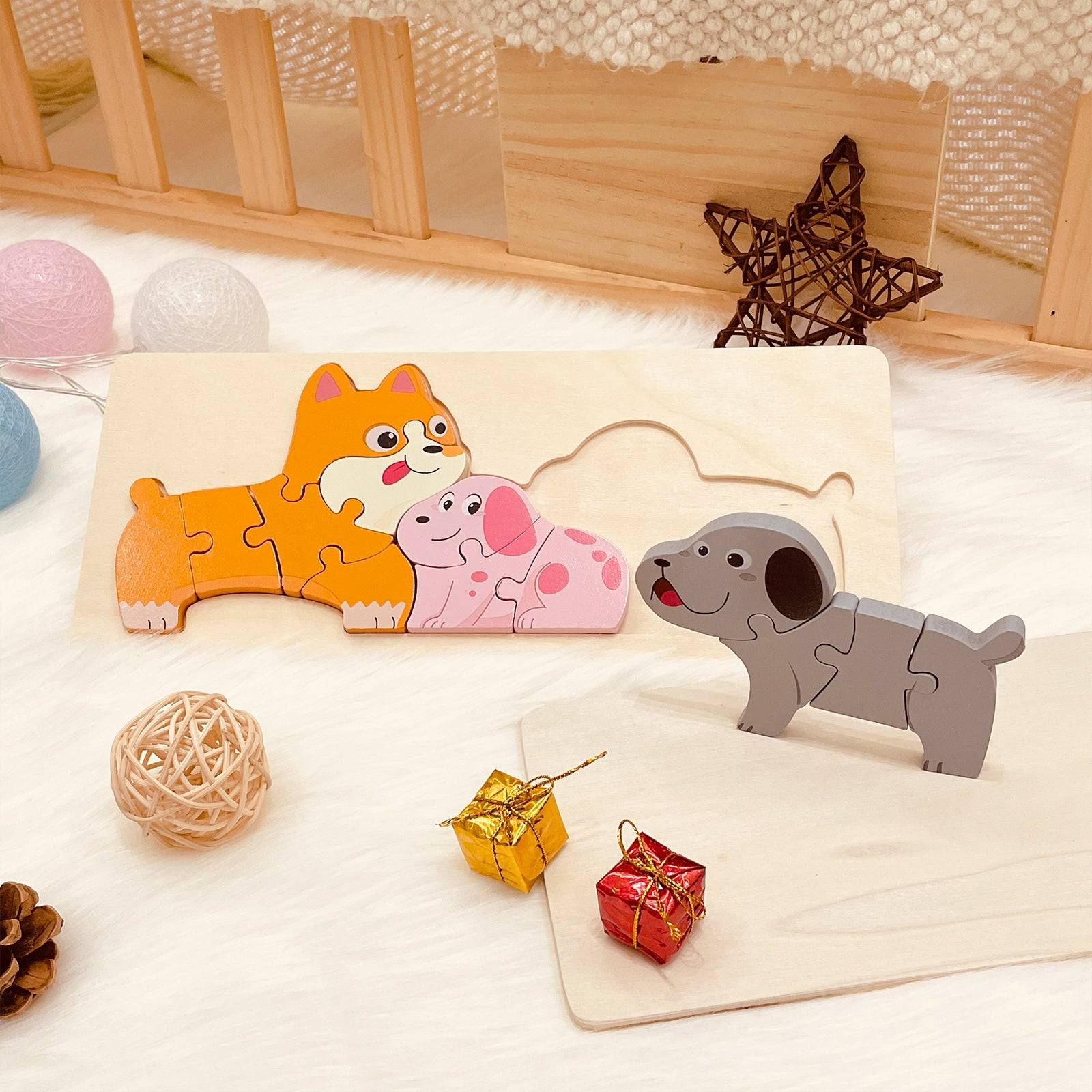Colorful wooden animal puzzles featuring a dog, pig, and corgi, ideal for toddlers' educational play.
