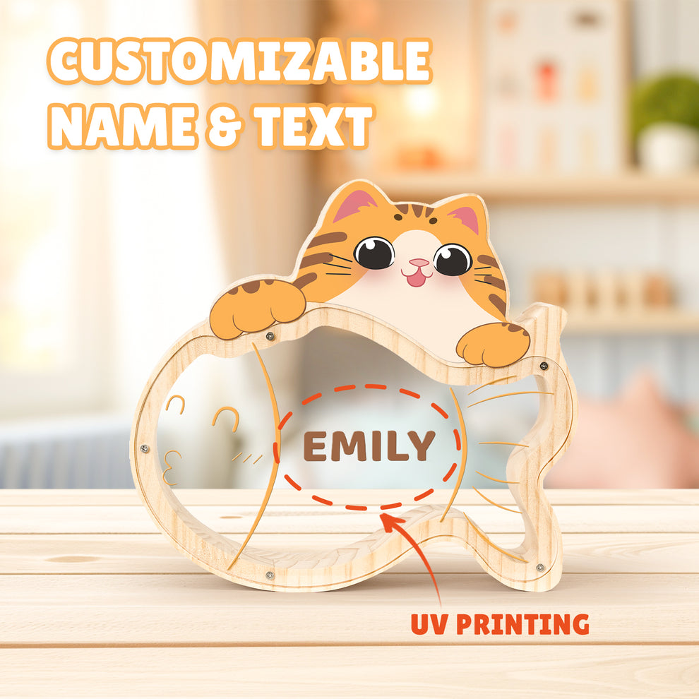 Customized kitten-shaped piggy bank with name 'Emily' and UV printing, made from renewable wood.