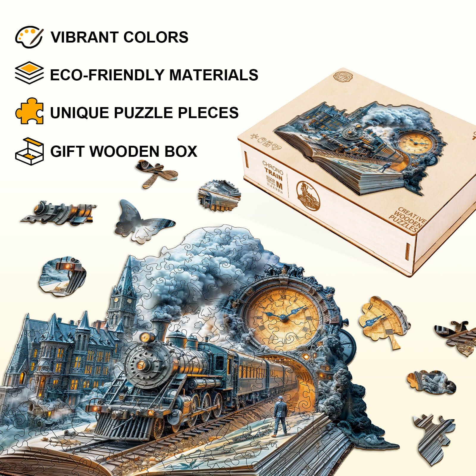Chrono Train Wooden Jigsaw Puzzle featuring vibrant colors, eco-friendly materials, and a unique wooden gift box.