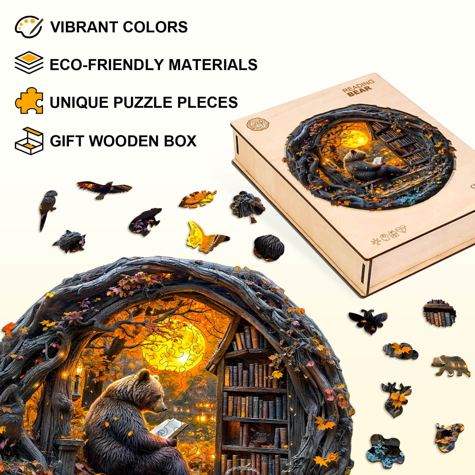 Reading bear wooden jigsaw puzzle with vibrant colors in a gift box, featuring unique eco-friendly pieces.