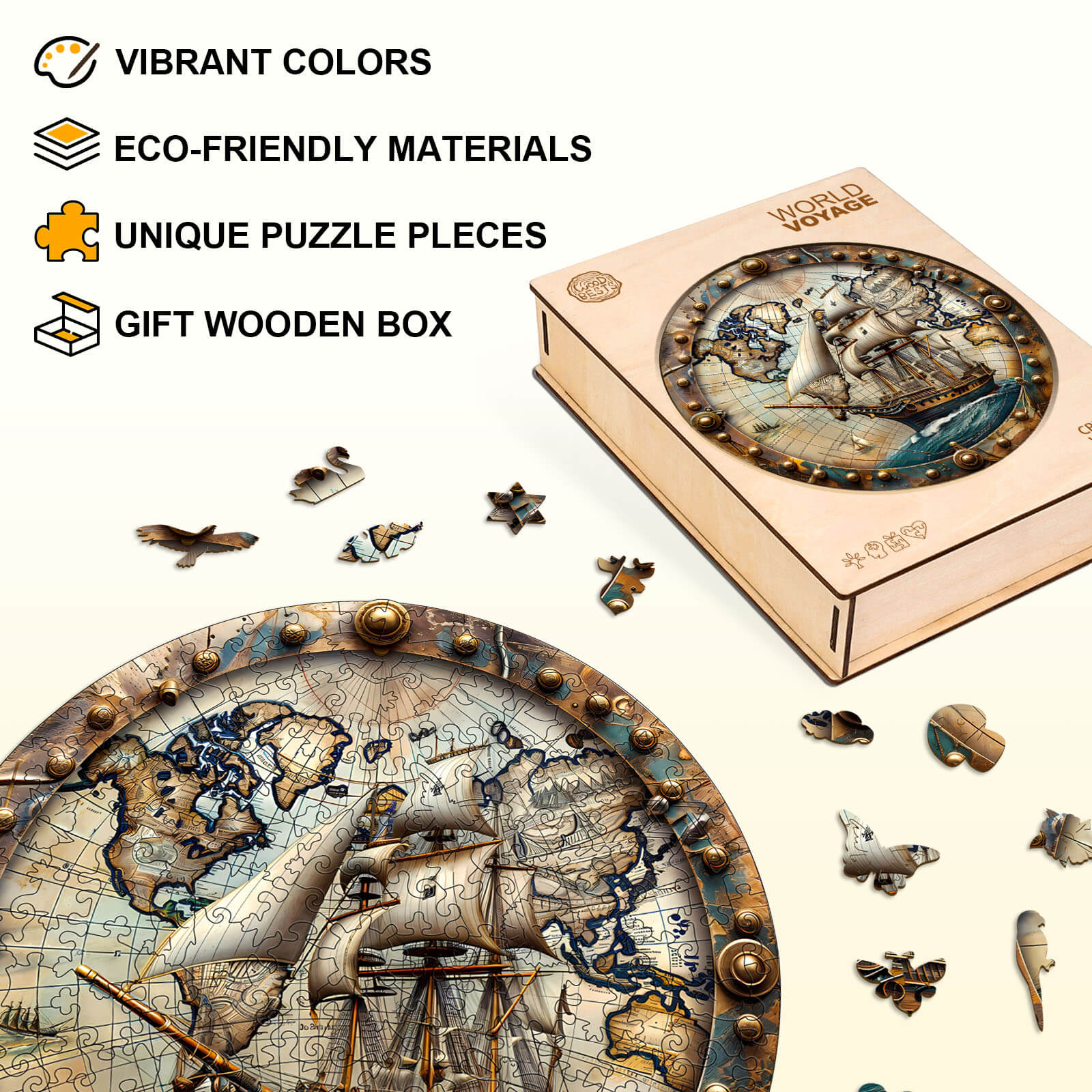 World Voyage Wooden Jigsaw Puzzle featuring vibrant colors, eco-friendly materials, and unique pieces in a gift wooden box.