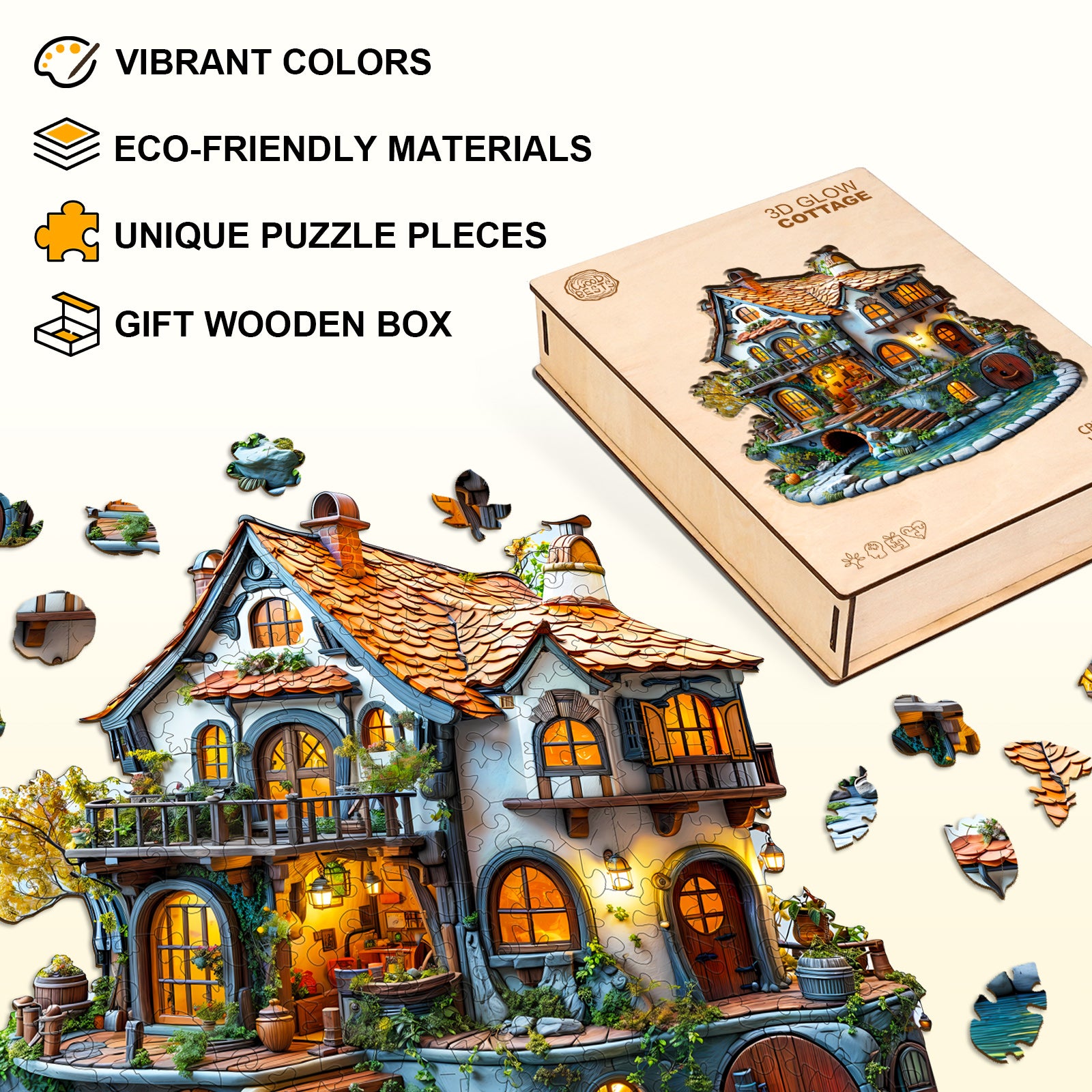 3D Glow Cottage puzzle with vibrant colors, eco-friendly materials, unique pieces, and gift box for fun and focus.
