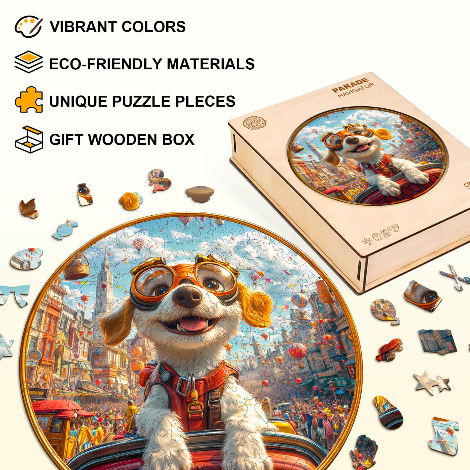 Parade Navigator Wooden Jigsaw Puzzle featuring a colorful dog design, eco-friendly materials, and a gift box.