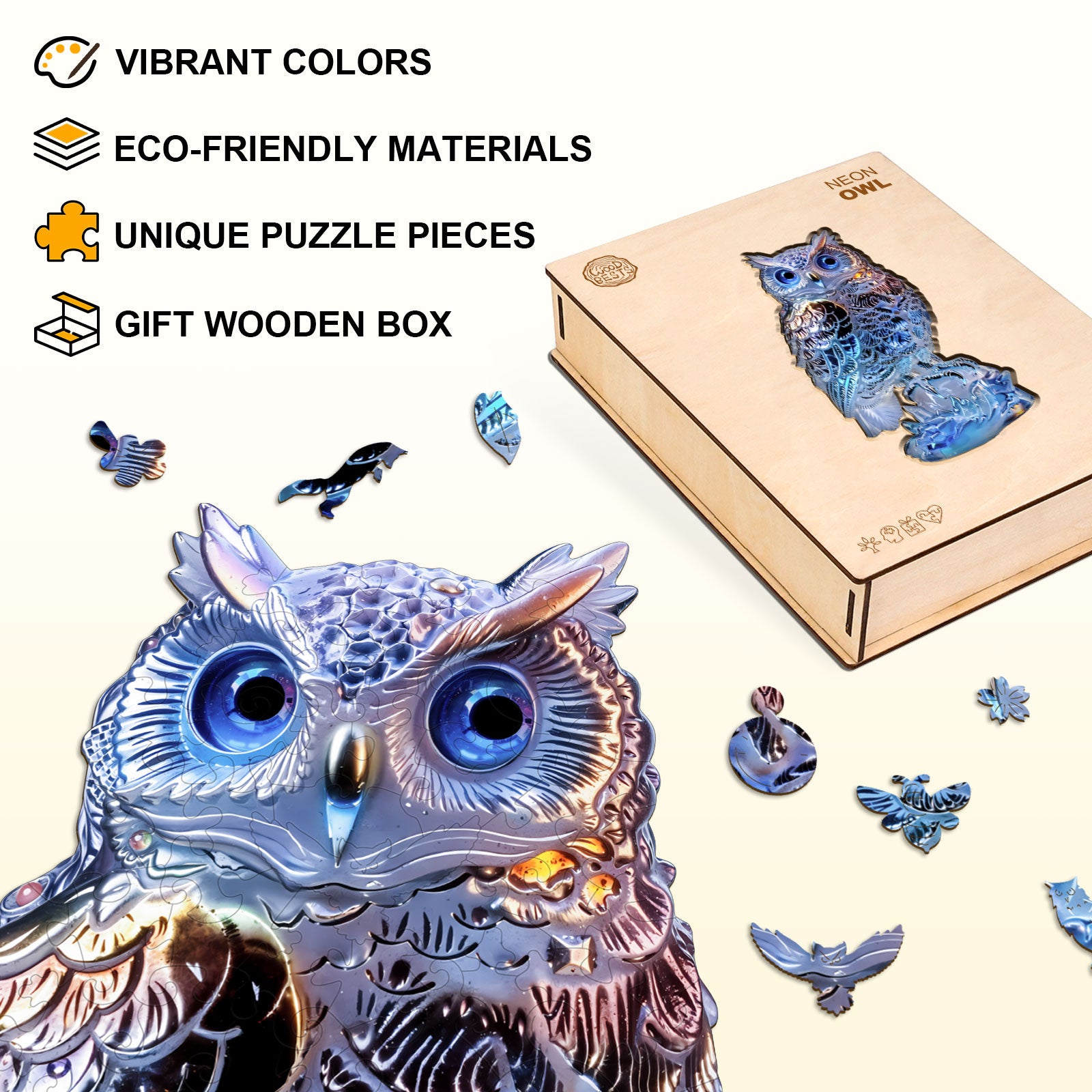 Neon Owl Wooden Jigsaw Puzzle