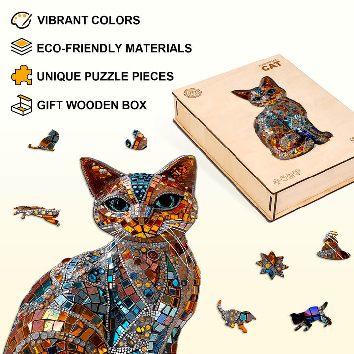 Vivid Mosaic Cat Wooden Jigsaw Puzzle