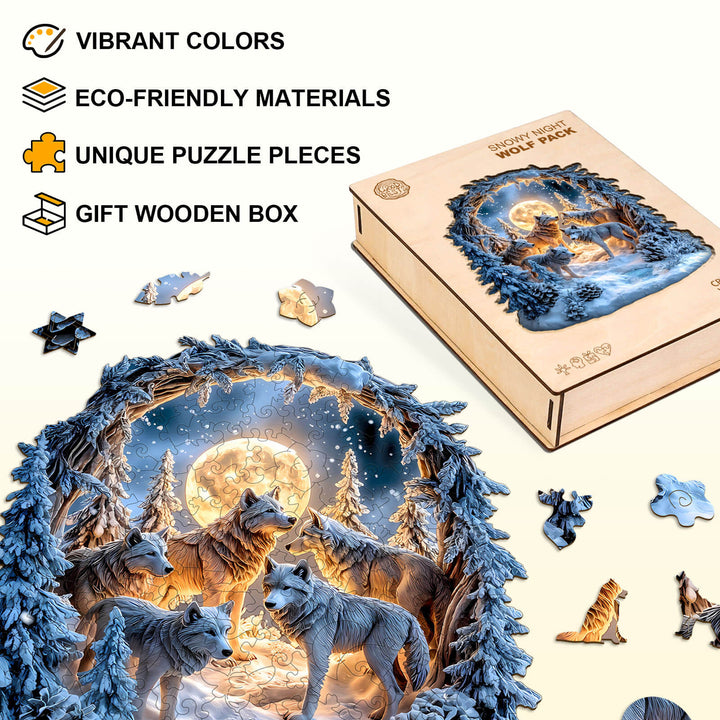 Puzzle en bois du meute de loups par une nuit enneigée