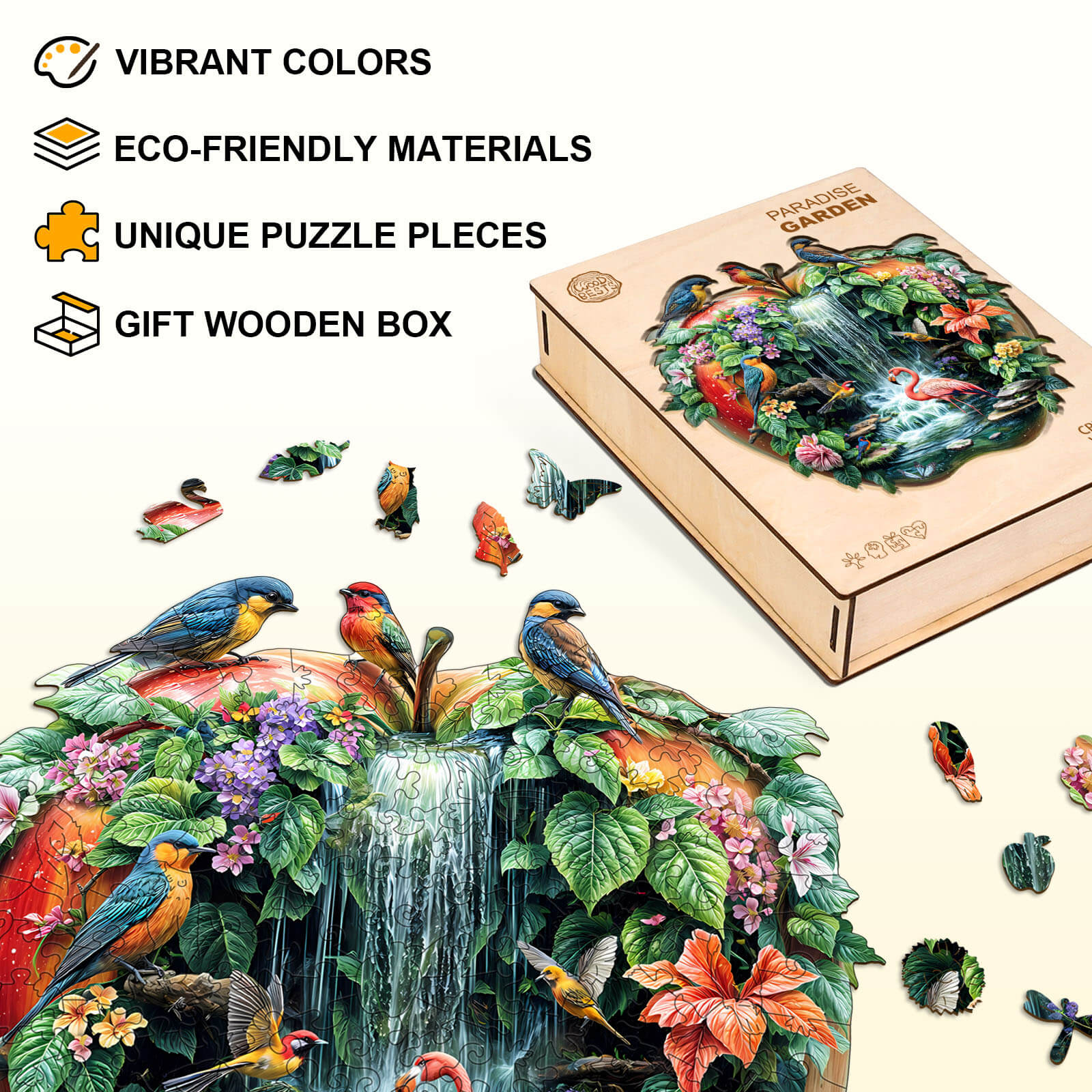 Paradise Garden Wooden Jigsaw Puzzle featuring vibrant colors, unique pieces, and eco-friendly materials in a gift box.