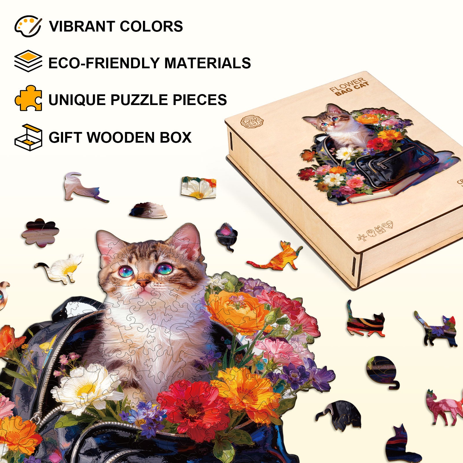 Flower Bag Cat Wooden Jigsaw Puzzle