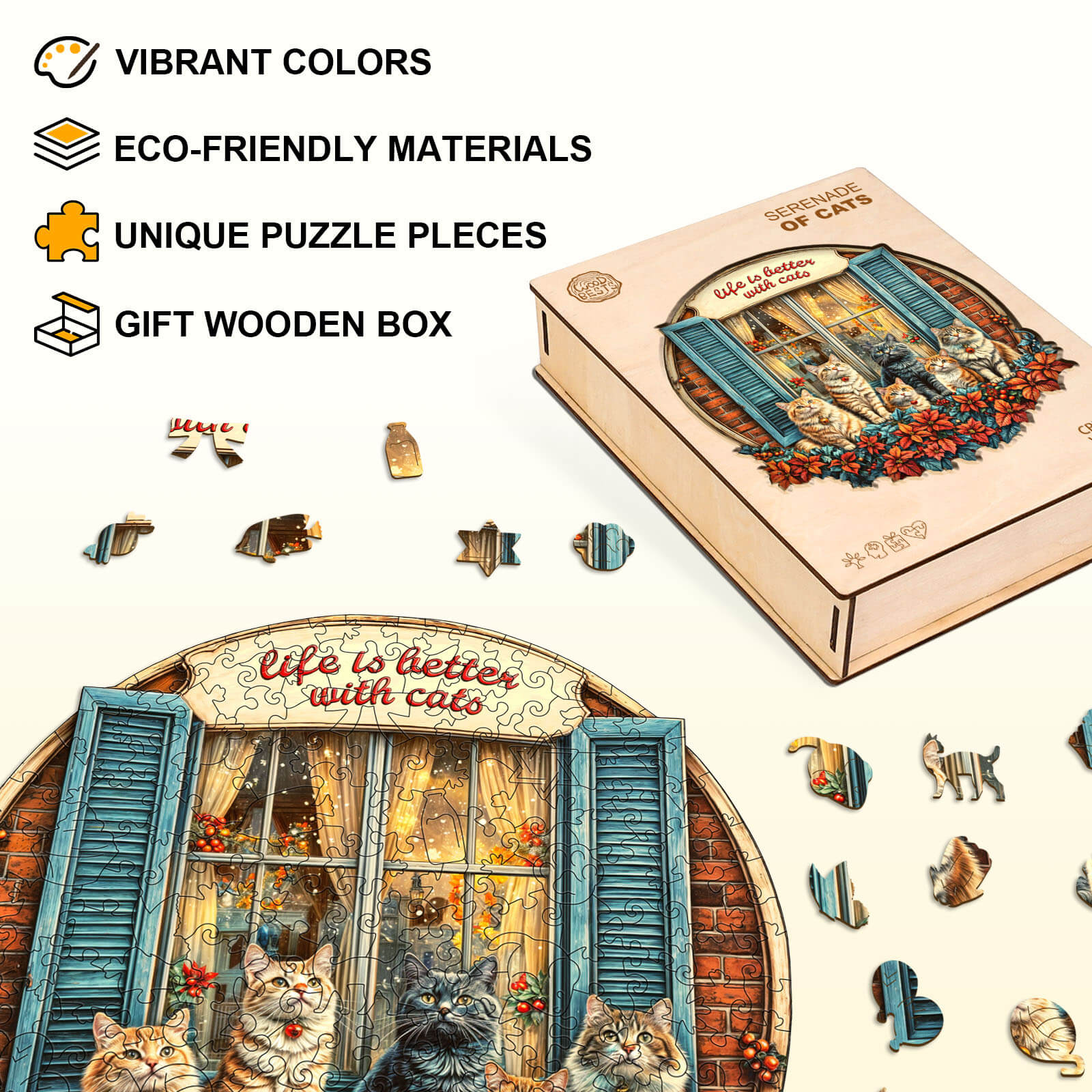 Vibrant Serenade of Cats wooden jigsaw puzzle and unique pieces in eco-friendly materials, gift box included.