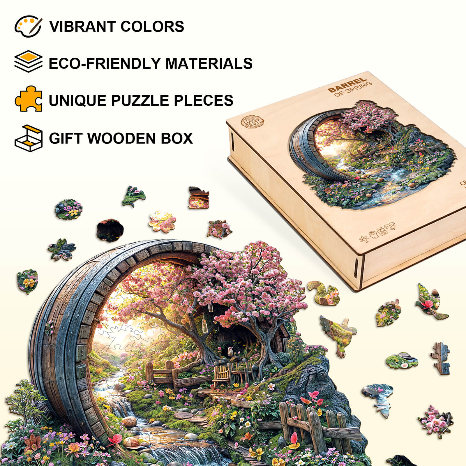 Barrel of Spring wooden jigsaw puzzle featuring vibrant colors, eco-friendly materials, and unique pieces in a gift box.
