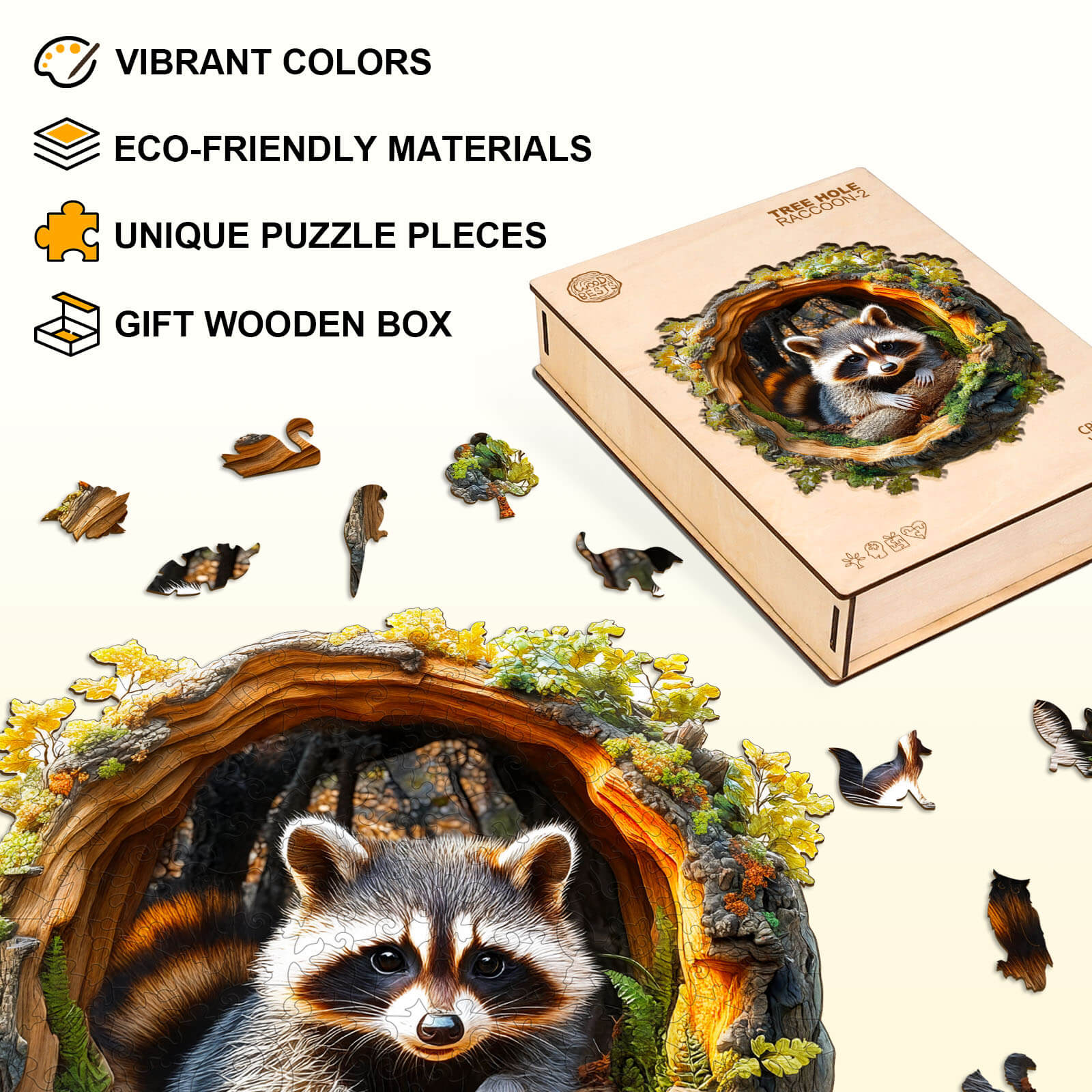 Puzzle en bois 3D Raton laveur Trou d'arbre-2