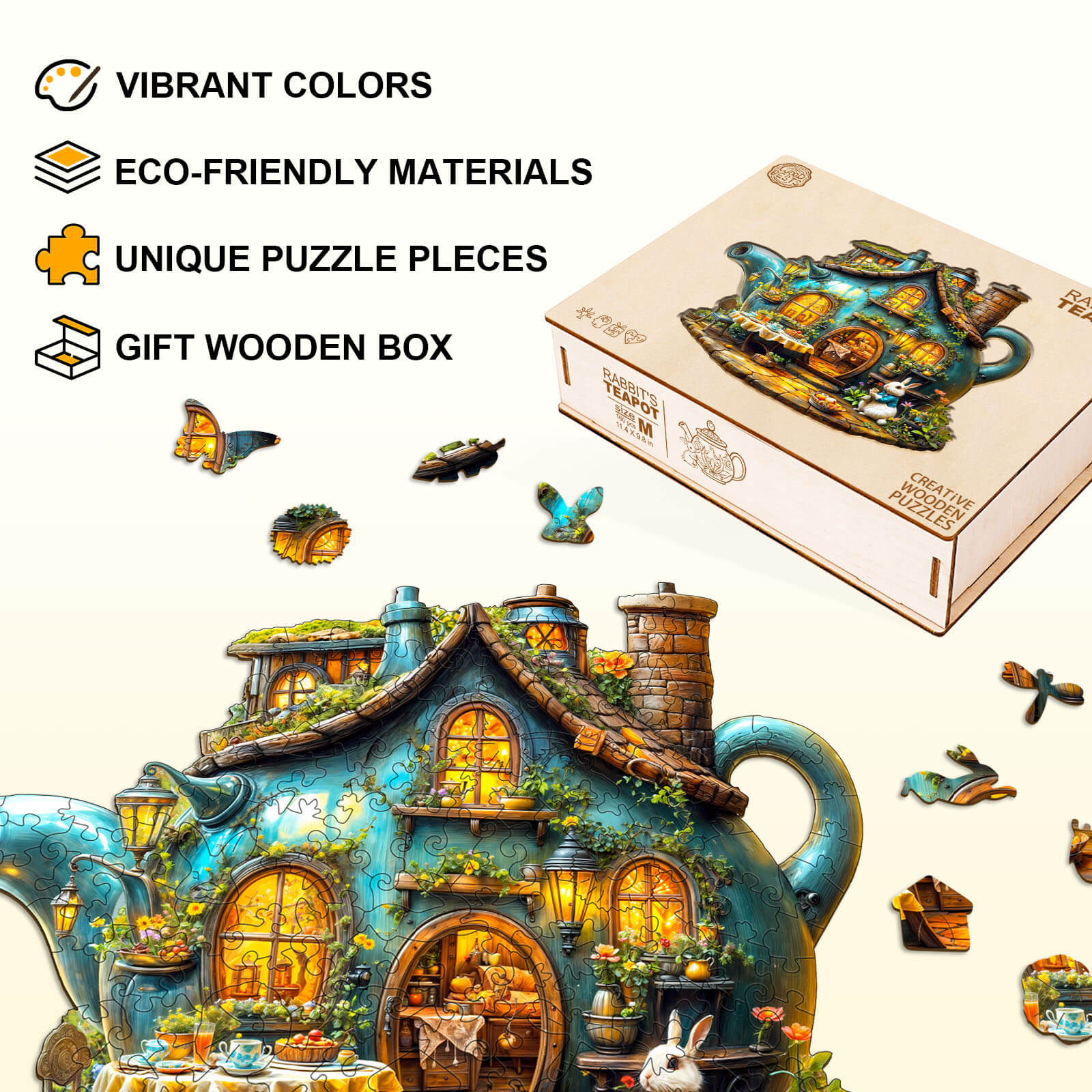 Rabbit's teapot wooden jigsaw puzzle with vibrant colors, eco-friendly materials, and unique pieces in a gift box.