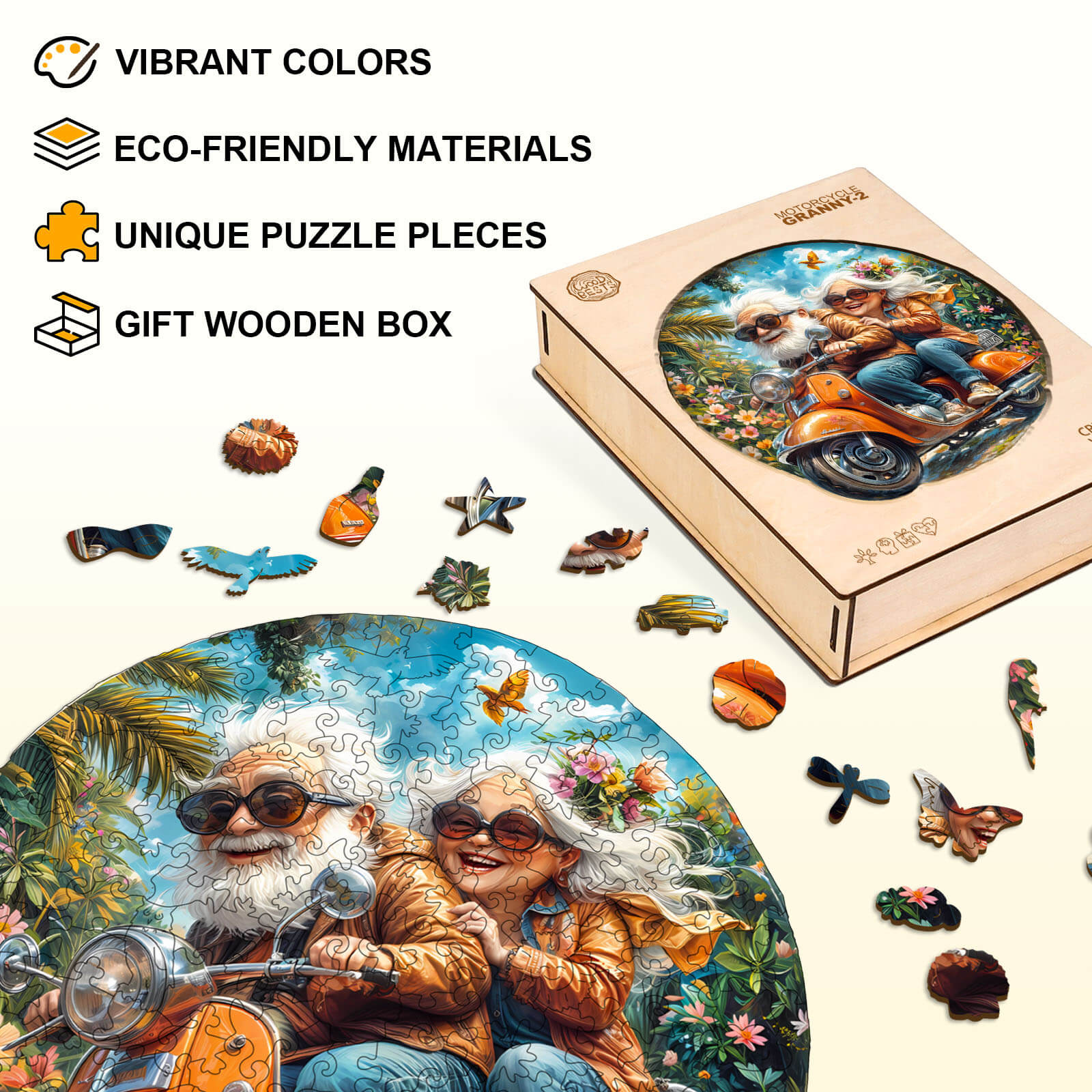 Motorcycle Granny-2 wooden jigsaw puzzle with vibrant colors, unique pieces, and eco-friendly materials in a gift box.