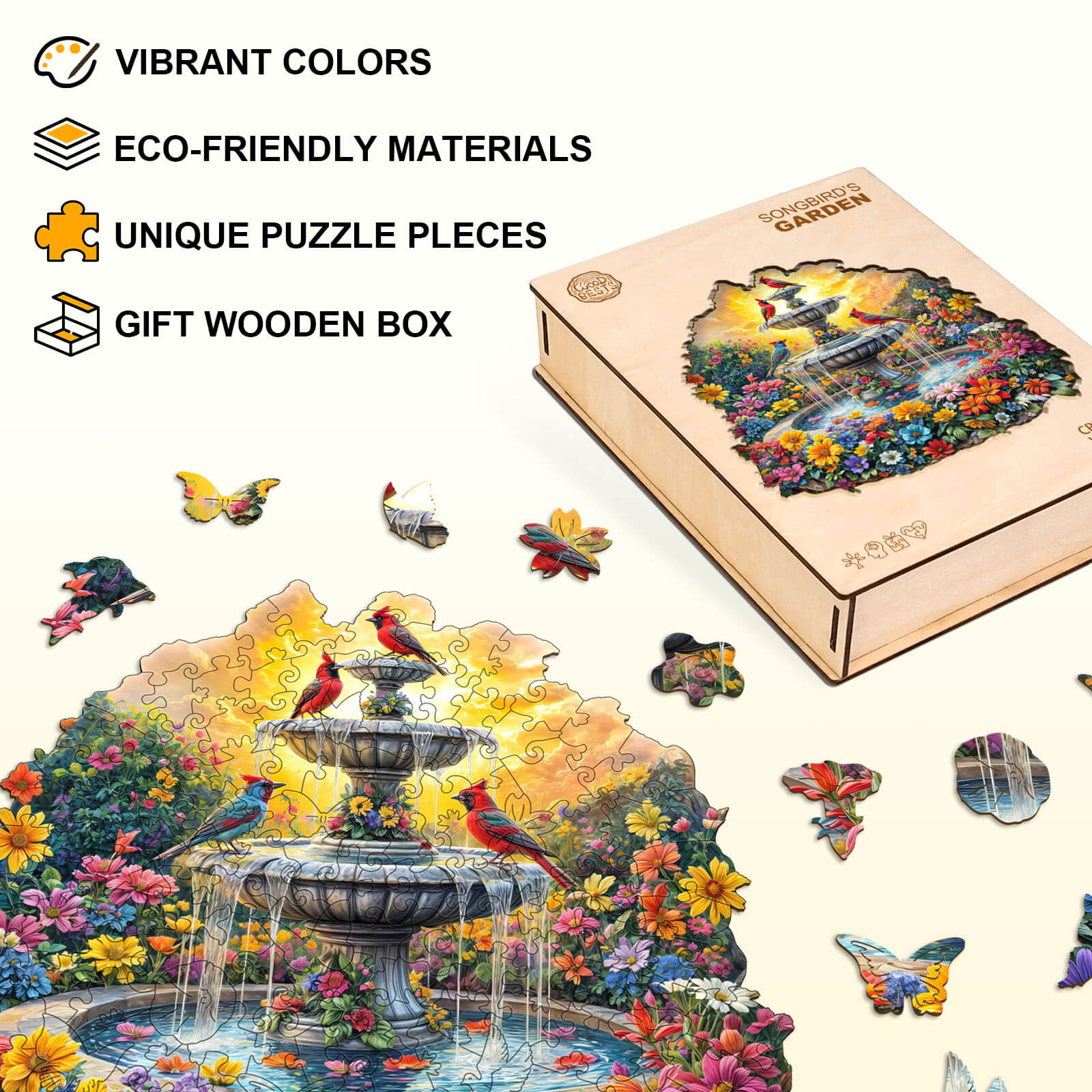Songbird's Garden wooden jigsaw puzzle featuring vibrant colors, eco-friendly materials, unique pieces, and a gift box.