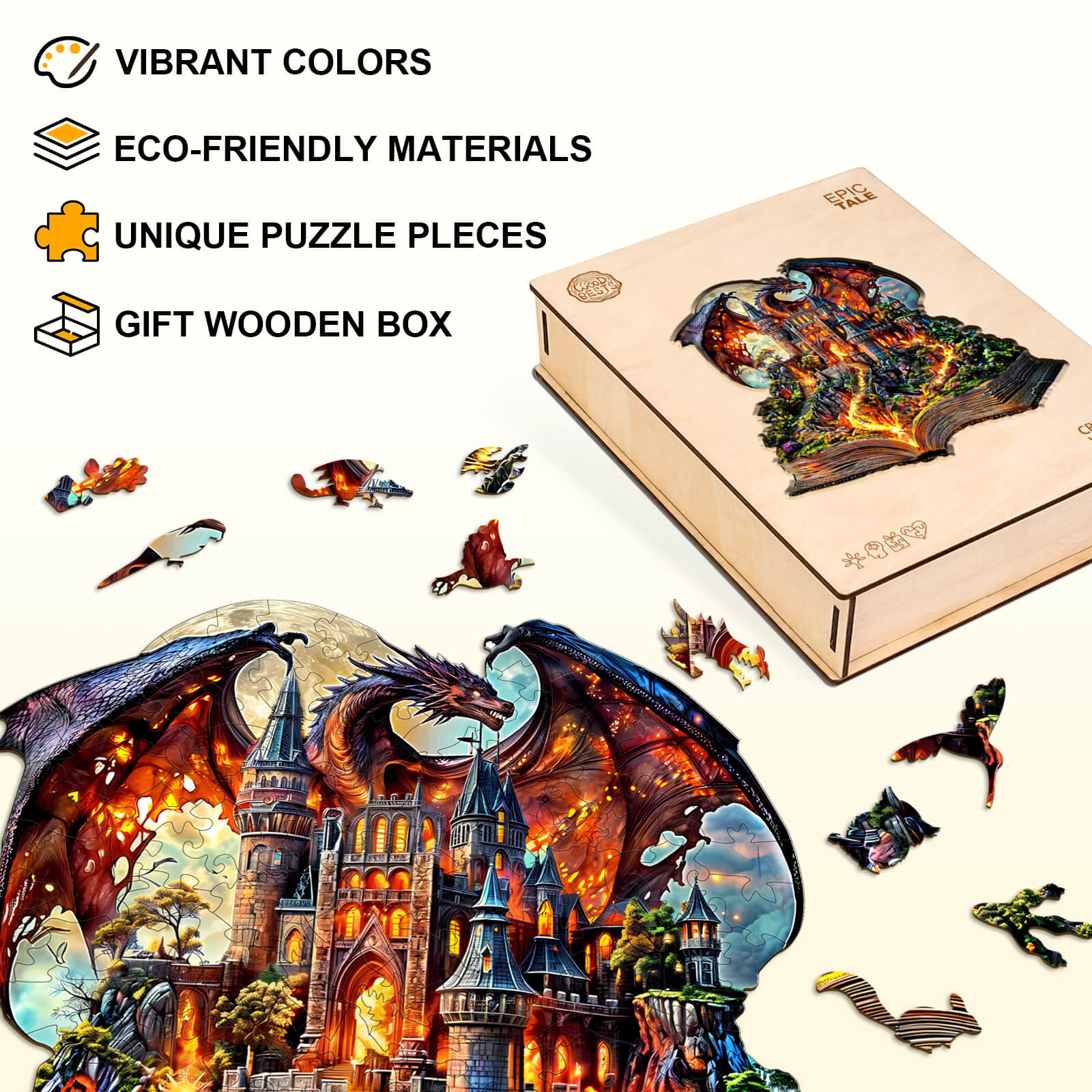 Epic Tale Wooden Jigsaw Puzzle featuring vibrant colors, eco-friendly pieces, and a gift-ready wooden box.