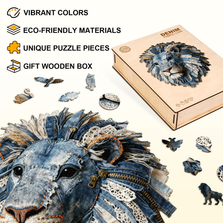 Denim Fabric Lion Wooden Jigsaw Puzzle