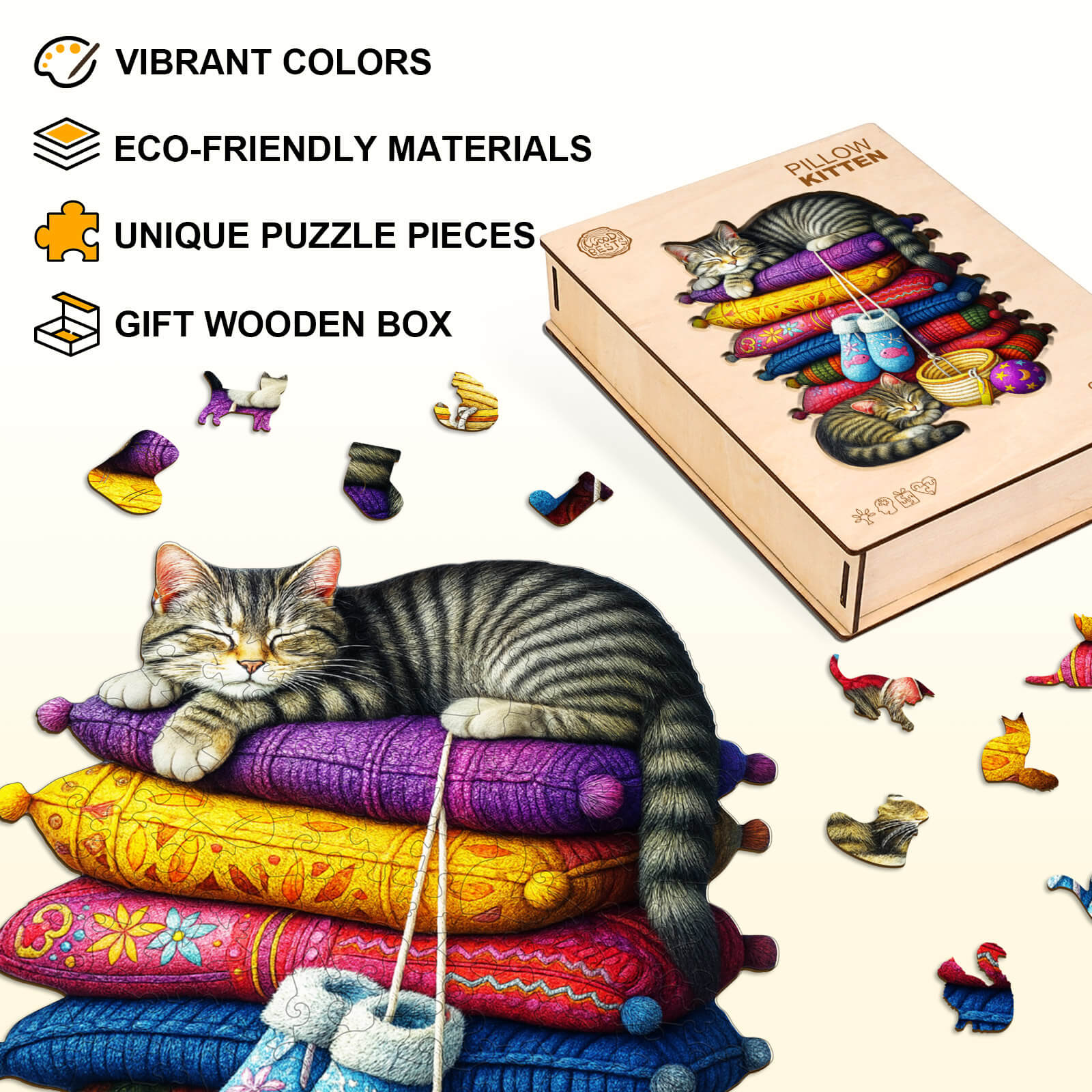 pillow kitten Wooden Jigsaw Puzzle