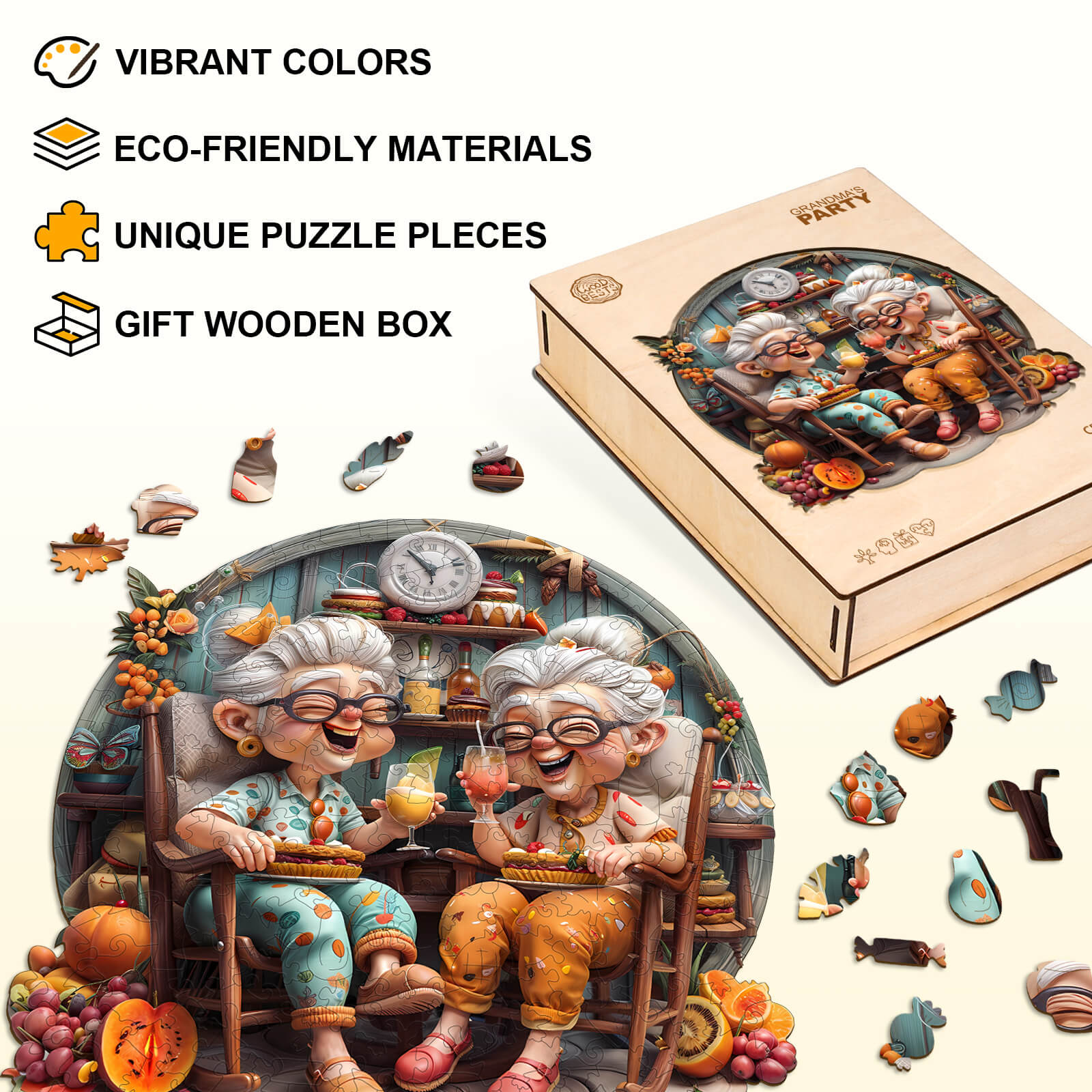 Grandma's Party wooden jigsaw puzzle featuring vibrant colors and eco-friendly materials, perfect for gift giving.
