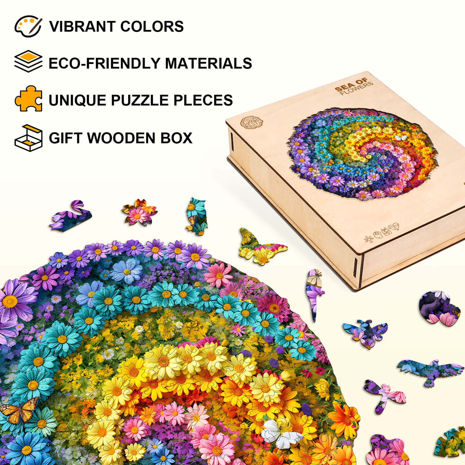 Sea of Flowers wooden jigsaw puzzle with vibrant colors, eco-friendly materials, unique pieces, and gift box.