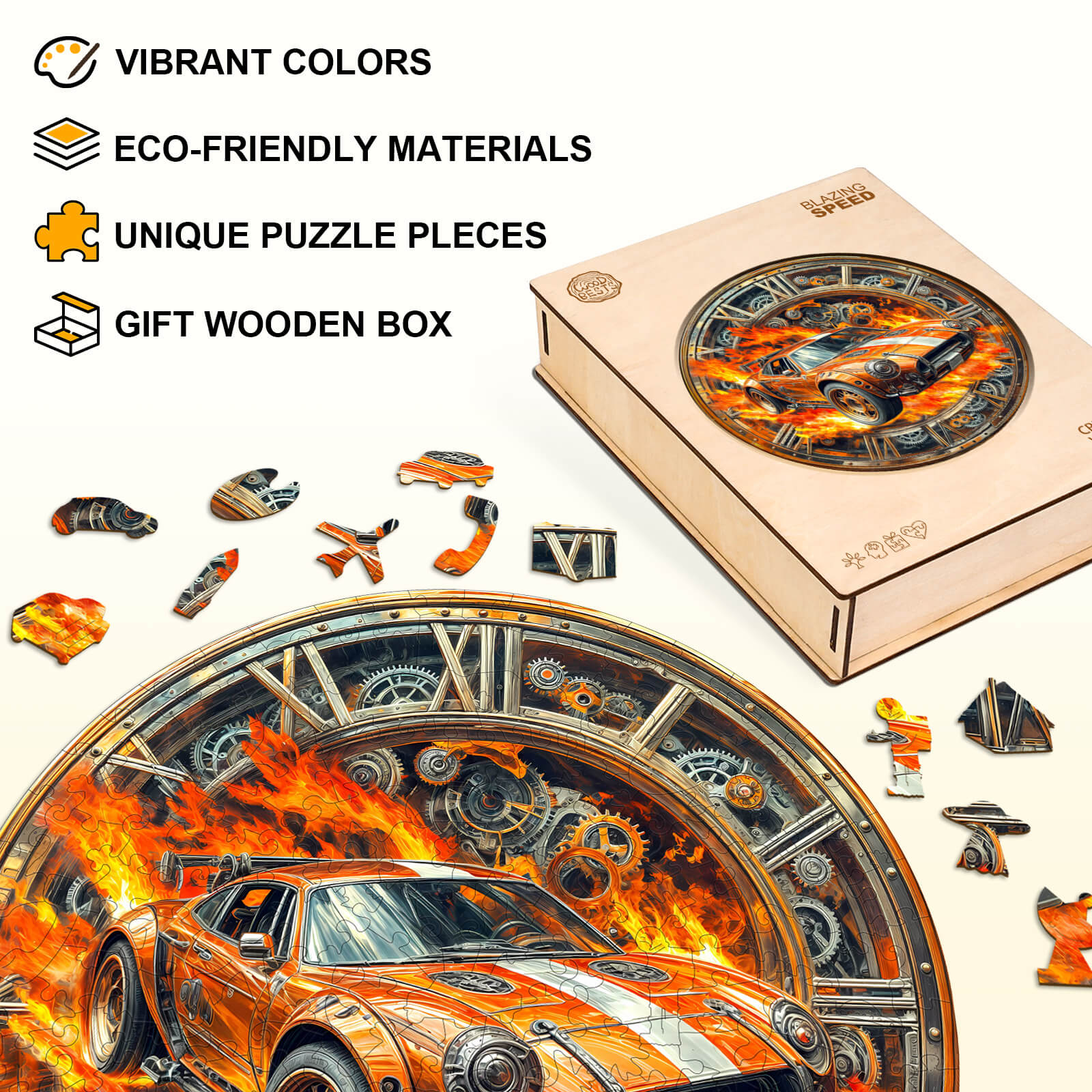 Blazing Speed Wooden Jigsaw Puzzle featuring vibrant colors, eco-friendly materials, unique pieces, and gift box.