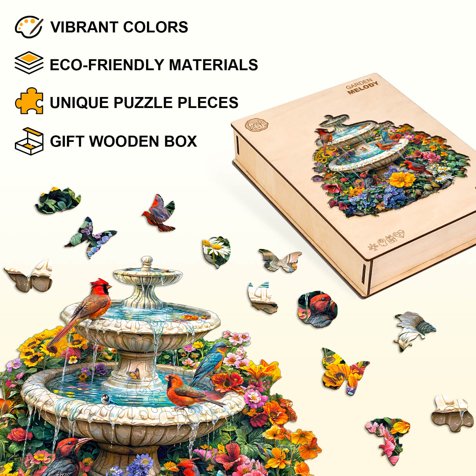 Garden Melody wooden jigsaw puzzle featuring vibrant colors, eco-friendly materials, and unique pieces in a gift box.
