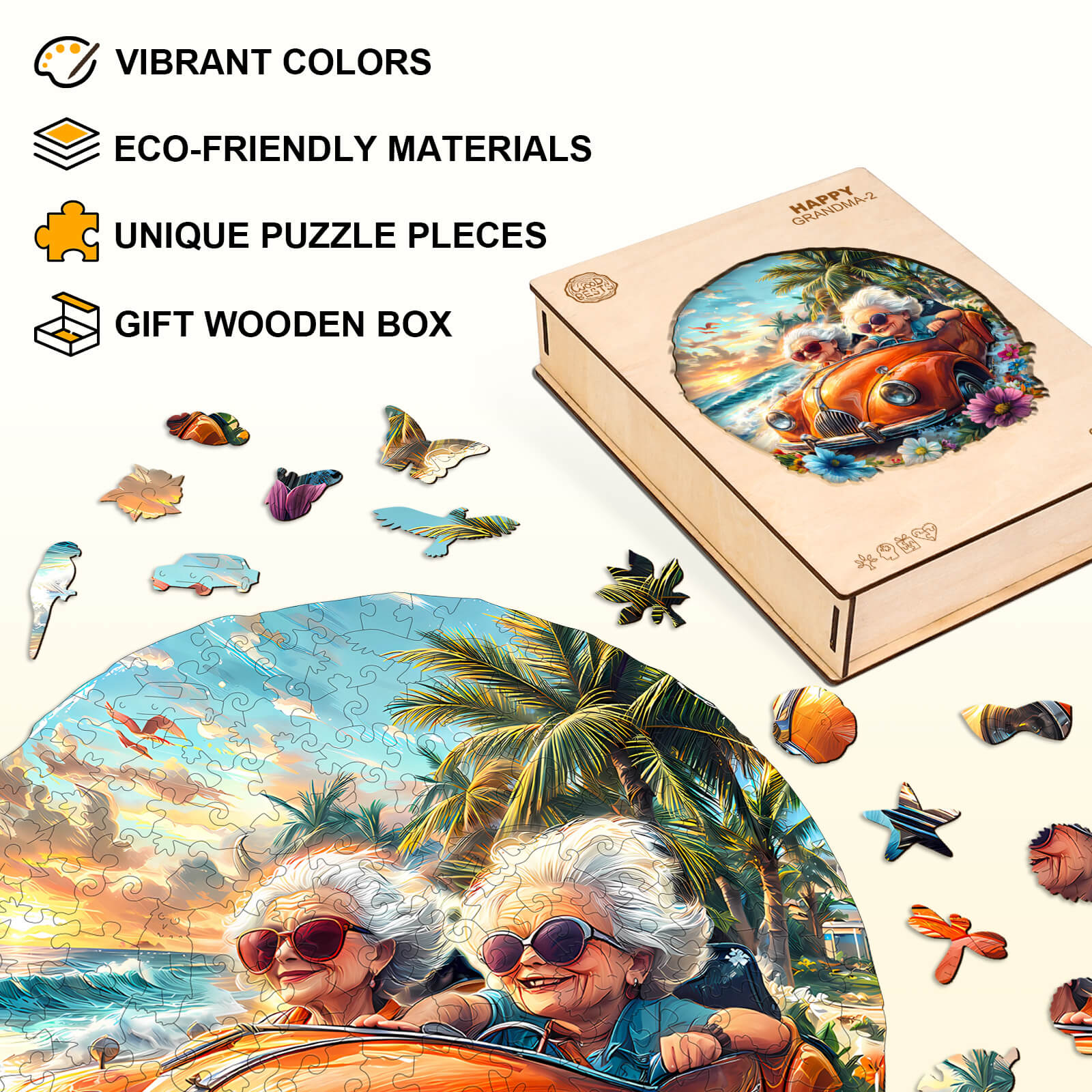 Happy grandma-2 wooden jigsaw puzzle with vibrant colors and eco-friendly materials, packed in a gift wooden box.