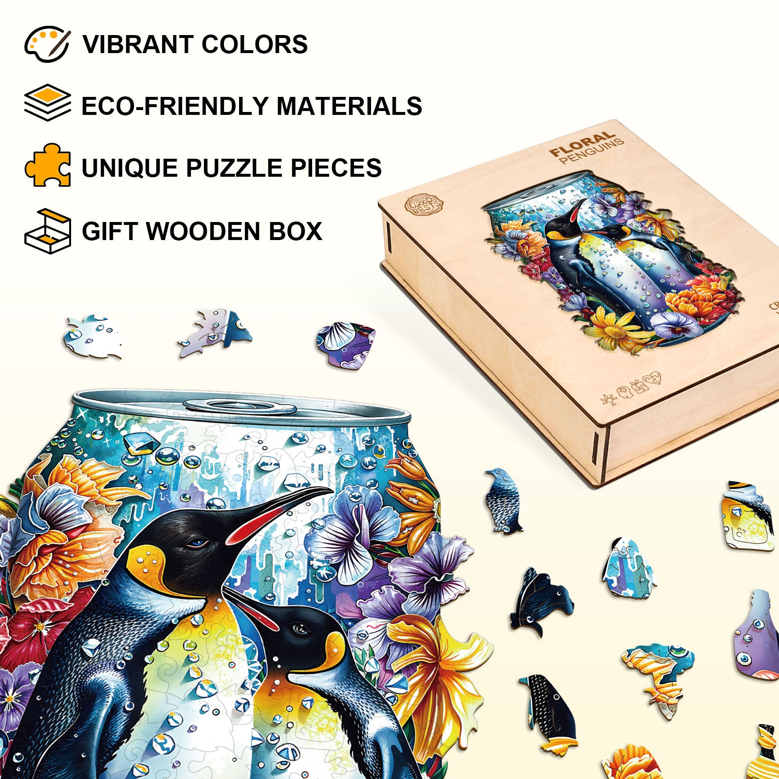 Floral Penguins Wooden Jigsaw Puzzle