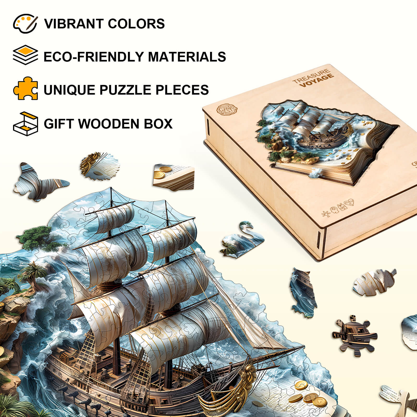 Vibrant Sailing Adventure Wooden Jigsaw Puzzle with eco-friendly materials, unique pieces, and gift box.