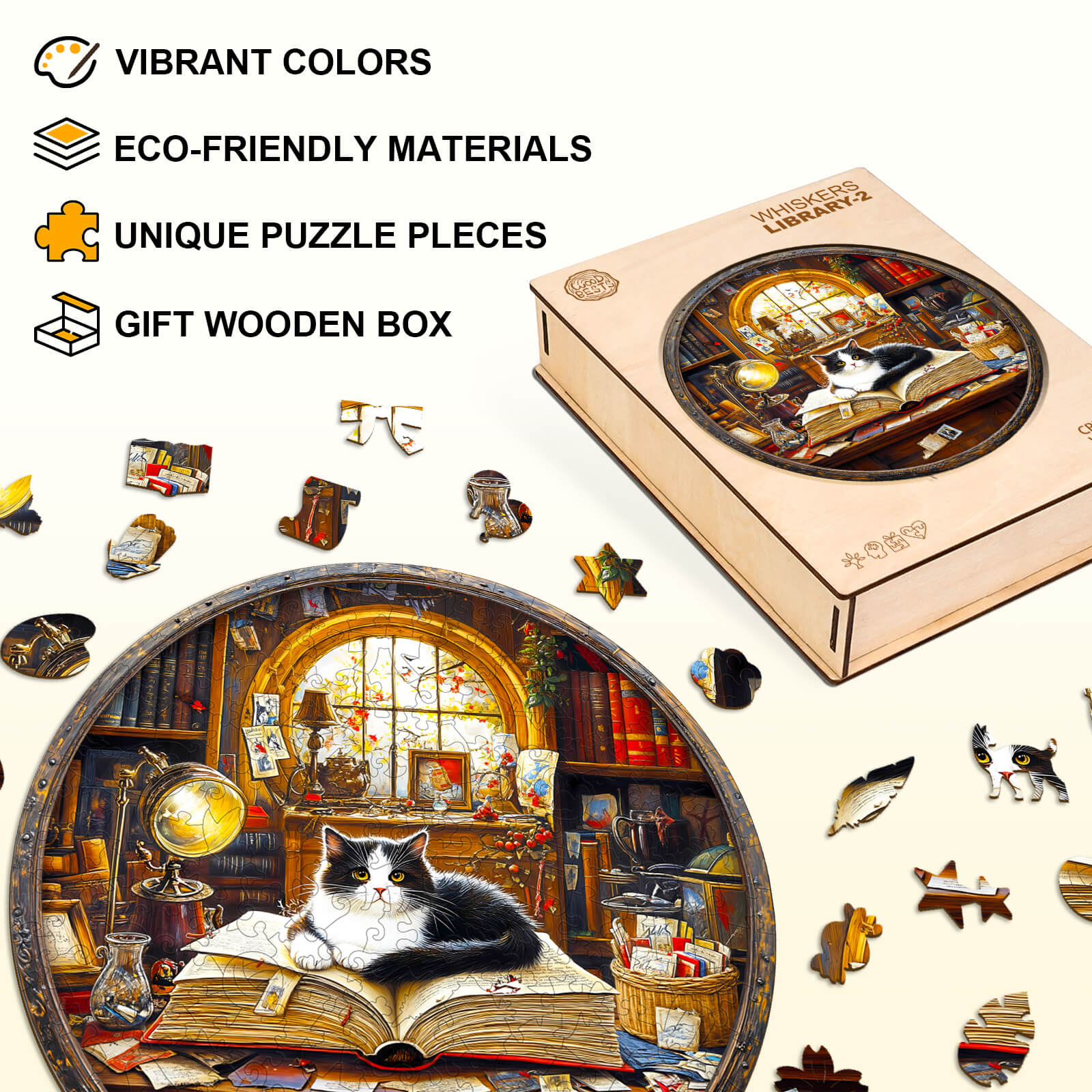 Whiskers Library-2 wooden jigsaw puzzle with vibrant colors, eco-friendly materials, and unique pieces in a gift box.