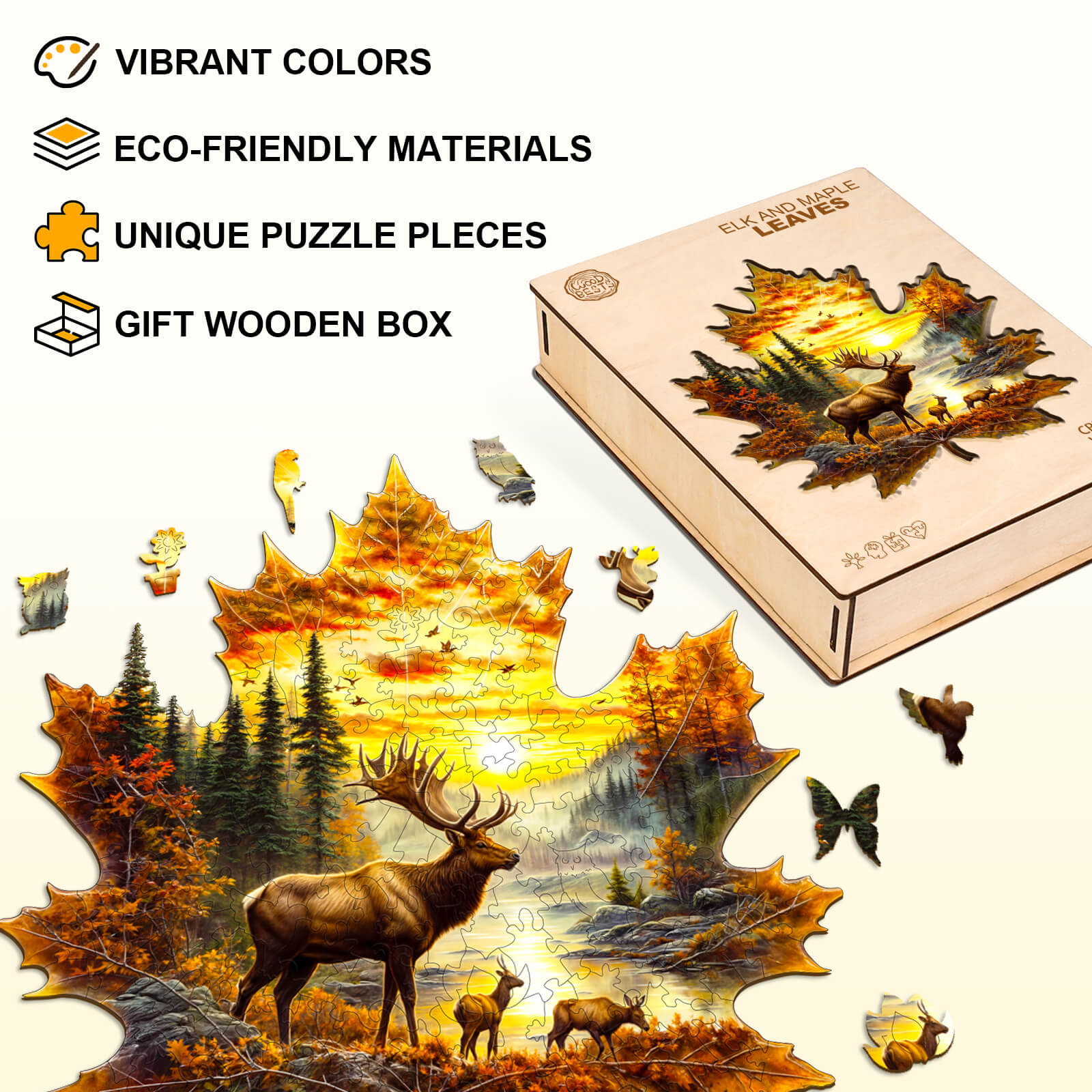 Elk and maple leaves Wooden Jigsaw Puzzle