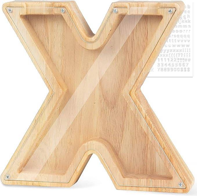 Personalized wooden letter 'X' piggy bank for kids, teaching financial awareness and savings.