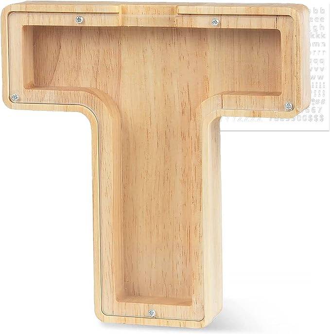 Personalized wooden letter 'T' piggy bank for kids, ideal for teaching savings and financial awareness.